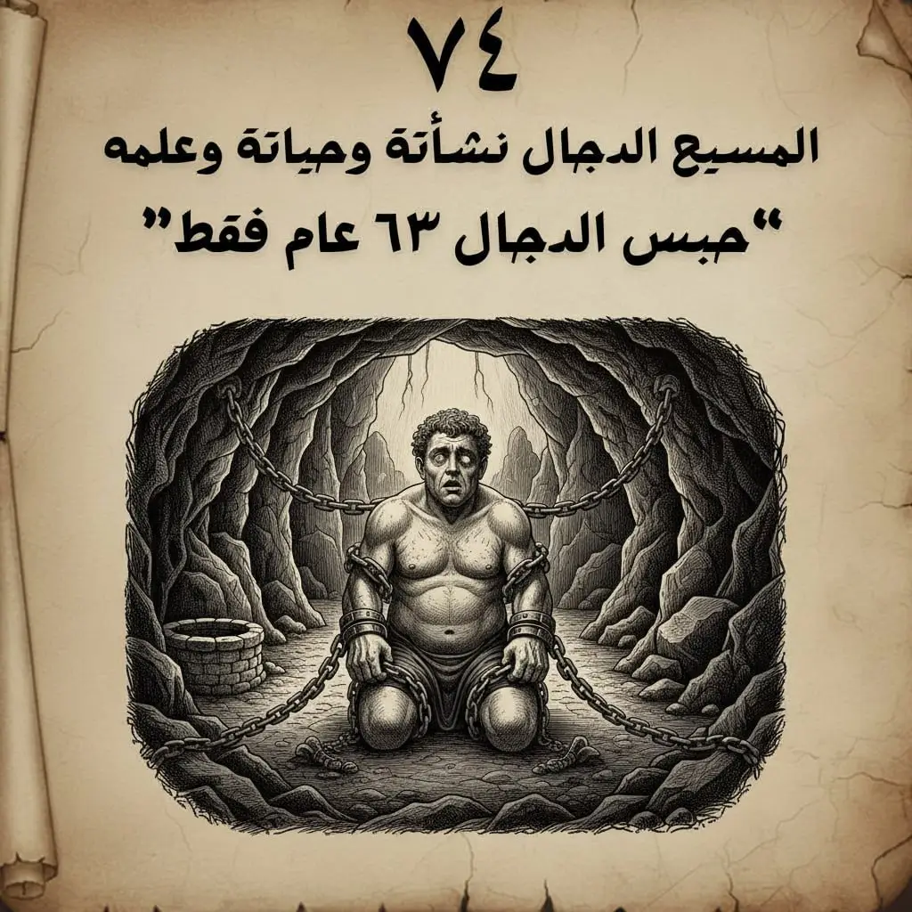 وبمجرد أن رسا عليها ودخل في أحراشها متجهًا إلى كهفه القديم فوجئ بالدابة تعترض طريقه، ومعها عشرون رجلًا كانت وجوههم الشمس نورًا ونارًا، أجسامهم هاماتها تطاول أعتى الأشجار ارتفاعًا، وفي أياديهم الرهيبة سلاسل من حديد فولاذي رهيب يومض كأنه ذهب ليس من هذه الدنيا، ولها صلصلة كأنها صلصلة التنانين، فارتاع مسيخ العينين وسأل الدابة بفزع: ما هذا؟ ومن هؤلاء؟ وكيف جاؤوا إلى هنا؟ ألم أقل لك أنك شيطانة ولك خدم؟؟؟ فارتاعت الدابة لقوله، وصرخت: يا أغبى الرجال… لقد ضيّعت الفرصتين(التوبة مع سيدنا موسى وعيسى عليهم السلام)، ولم يبق أمامك إلا الوعد الآخر… وقبل أن تتم كلامها، أو يعاود هو السؤال، هجم عليه الرجال العشرون، فأغشي عليه من الرعب. وأفاق مسيخ العينين بعد حين ليجد نفسه داخل كهفه، والدابة أمامه… وأراد أن يحرك يديه وقدميه ليقوم، فإذا به يجد أثقالًا في يديه ورجليه، ويسمع صلصلة رهيبة، ونور الصباح يملأ الكهف ضياءً من فتحاته العليا والجانبية وبابه المفتوح دائمًا… فأبصر نفسه مقيدًا، وسُلسلا بيديه ورجليه بسلاسل طويلة تمكنه من الحركة والقيام والقعود والمشي وقضاء الحاجة في الخلاء في جانب بعيد عن الكهف كان أعده لذلك من قبل، وأعد بجواره بئر ماء، وكان نزيهًا في نظافته والعناية بجسمه. أصابته حالة من الهلع والخوف، وهو الذي لم يعتد ذلك من قبل، فحاول أن يفك القيود عن نفسه، لكن أنى له ذلك ومغاليقها على يديه ورجليه رهيبة… شيء لم يره من قبل ولا حتى سمع به في سجون الفراعنة الرهيبة أو غيرهم من الجبابرة الذين رآهم، وكلها مشدودة في نهايتها إلى جدران الكهف الصخرية كأنها جزء منه، مستحيل أن تزال إلا إذا تحول الكهف إلى بركان مدمر يفتت الصخرية، وحتى لو انفكت السلاسل من الصخور فكيف يفكها من يديه وقدميه؟؟؟ إن الأمر أصبح أعسر من العثور على غراب طائر فوق بحر محيط بلا حدود. وأمام حالة التوتر النفسي والإرهاق العصبي والانهيار الداخلي تلك للرجل، وحديثه الصامت مع نفسه داخليًا، قالت الدابة له: يا دجال الغد وإله الكفر والشر، أنت الآن في عهد خاتم الأنبياء حبيب الله محمد ﷺ… لقد وُلد منذ أيام، وأنت في عرض البحر غافل عما جرت به الأقدار… أنت في بداية آخر زمان الأرض، ووعد الله حان أوانه، ولن تُفك من سلاسلك إلا بموت الحبيب محمد ﷺ وانتقاله إلى الرفيق الأعلى، وعلامة اقتراب خروجك من الدير هجرته إلى طيبة الطيبة(المدينة المنورة)، بعد قتال العرب له، وإخراج أهله له من مكة، وغلبته عليهم، وعلامة خروجك متجبرًا في الدنيا تقطيع نخل بيسان، وقلّة ماء بحيرة طبريّة اللجب موجها، وغوران عين ماء زغر، وخسف كثير قبل خروج عدوّك الذي سيغضبك غضبة ما بعدها غضبة، تجعلك تخرج للناس في غير ميعادك … وهنا تململ الدجال في أغلاله وقال لها: إني لي أن هذا الكلام حق؟… ألا تكفين عن أسحارك وتُبعِدين شياطينك؟… إنني أريد الخروج لحكم الدنيا، وهذه الدنيا لا ملك لها إلا أنا، وأنت تريدين منعي من حقي، فأنا أكبر الناس عمرًا، والأيام لا تؤثر فيّ، وكل الدنيا حولي تغيرت كثيرًا وأنا لم أتغير ولم أشِب ولم أشَخ… إذًا أنا ابن الإله… وهنا رأت الدابة أن تغلق الحوار معه فقالت له: اصبر أو لا تصبر إن وعد الله حق… فأنت ملعون مطرود منبوذ كإبليس اللعين، الذي حذرتك منه كتابات الرسول جبريل لك على الصخور. ومضت الدابة عنه، وكانت تأتيه بين الحين بالثمار ليأكلها ولا تحادثه، ويحاول أن يفتح حوارًا معها فلا تجيبه إلا بنظرات كلها أسى عليه، حتى كان اليوم الذي رأت فيه الدابة رجلًا يرسو بمركب صغير على شاطئ الجزيرة ومعه رفقة، فأقبلت عليه تحدثه أن رجلًا في دير — تصغير دار أي كهف — ينتظر بشرى له منك. فاقترب منها في فزع، فقالت له: هدّئ من روعك ومن معك، فإني لست شيطانة، أنا مأمورة من الله على هذه الجزيرة لإيواء رجل يكون له شأن في غد الدنيا، ومأمورة من رسول من الله عز وجل بأن أرحب بك وأخاطبك لتكلمه. ولم يكن الرجل سوى الصحابي الجليل (تميم الداري) ومعه بعض الرفقة بعدما هاج وماج بهم البحر واضطروا للذهاب إلى الجزيرة بعد ظهورها لهم حتى يهدأ الجو. والكلام الوارد في المخطوط القديم عن هذه الرواية والذي حازه أحد علماء القدس الشريف، كان الكلام فيه موجهًا لتميم بالذات، إلا أن الرواية الواردة في صحيح مسلم جاء فيها أن الحوار كان مع المجموعة كلها بما فيهم تميم، والله أعلم بما كان. ولن اذكر حديث الصحابى تميم الدارى وشرحة تفصيلا لان اغلبكم  على علم  به ومن لايعلم به يبحث عنه وسيجدة ان شاء الله ونستكمل ان شاء الله فك حبس الدجال وغرق الجزيرة بالكامل...يتبع الى فديو ٧٥ ان شاء الله  #المسيح_الدجال  #الدجال  #خروج_الدجال  #الاعور_الدجال  #جزيرة_الدجال 