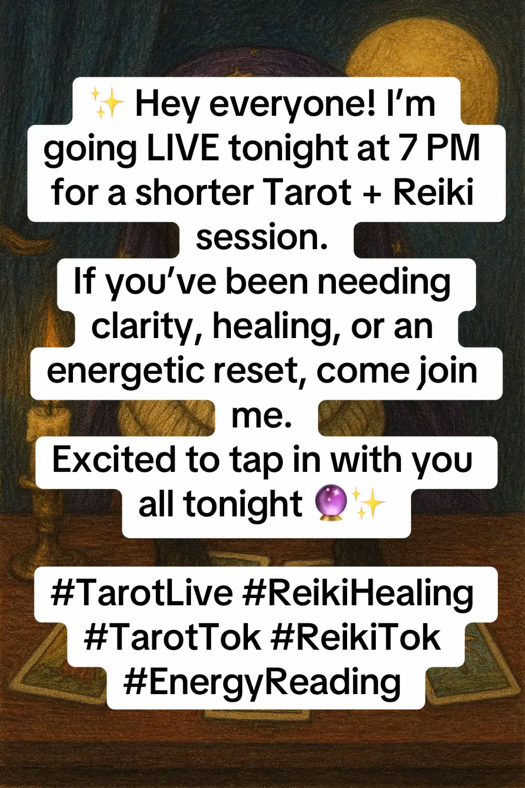 ✨ Hey everyone! I’m going LIVE tonight at 7 PM for a shorter Tarot + Reiki session. If you’ve been needing clarity, healing, or an energetic reset, come join me. Excited to tap in with you all tonight 🔮✨ #TarotLive #ReikiHealing #TarotTok #ReikiTok #EnergyReading