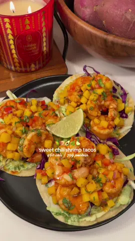 post-workout sweet chili shrimp tacos🍤🥭🌿 recipe below: cilantro avocado crema🥑 -1/4 cup nonfat plain Greek yogurt -30g avocado (~1/3 an avocado) -cilantro (2-3 tbsp) -juice from 1/2 lime (~1 tbsp) -1 large garlic clove -1 tsp green goddess seasoning mango salsa🥭 -1/3 cup diced mango (1/2 a small mango) -red pepper (~2 tbsp) -red onion (~1 tbsp) -cilantro (~1 tbsp) -juice of 1/2 a lime -chili lime seasoning (~1/2 tsp) sweet chili shrimp🍤 -season 225g Argentinian red shrimp (~12 shrimp) with citrus garlic, chili powder, paprika, &onion powder -cook in light olive oil spray for 1 minute on each side -reduce heat and stir in 2 tbsp Trader Joe’s sweet chili sauce  Assemble: -Add 3 toasted flour tortilla (I used Trader Joe’s) and top with avocado crema, cabbage, sweet chili shrimp, & mango salsa🥭🌿 Pair with @Waterboy cucumber cooler electrolytes 🥒 for hydration! Macros (3 tacos): cals ~460 | protein: 39g | carbs: 53g | fiber: 8g | fat: 10g #healthyrecipes #fyp #EasyRecipe #waterboypartner  #creatorsearchinsights 