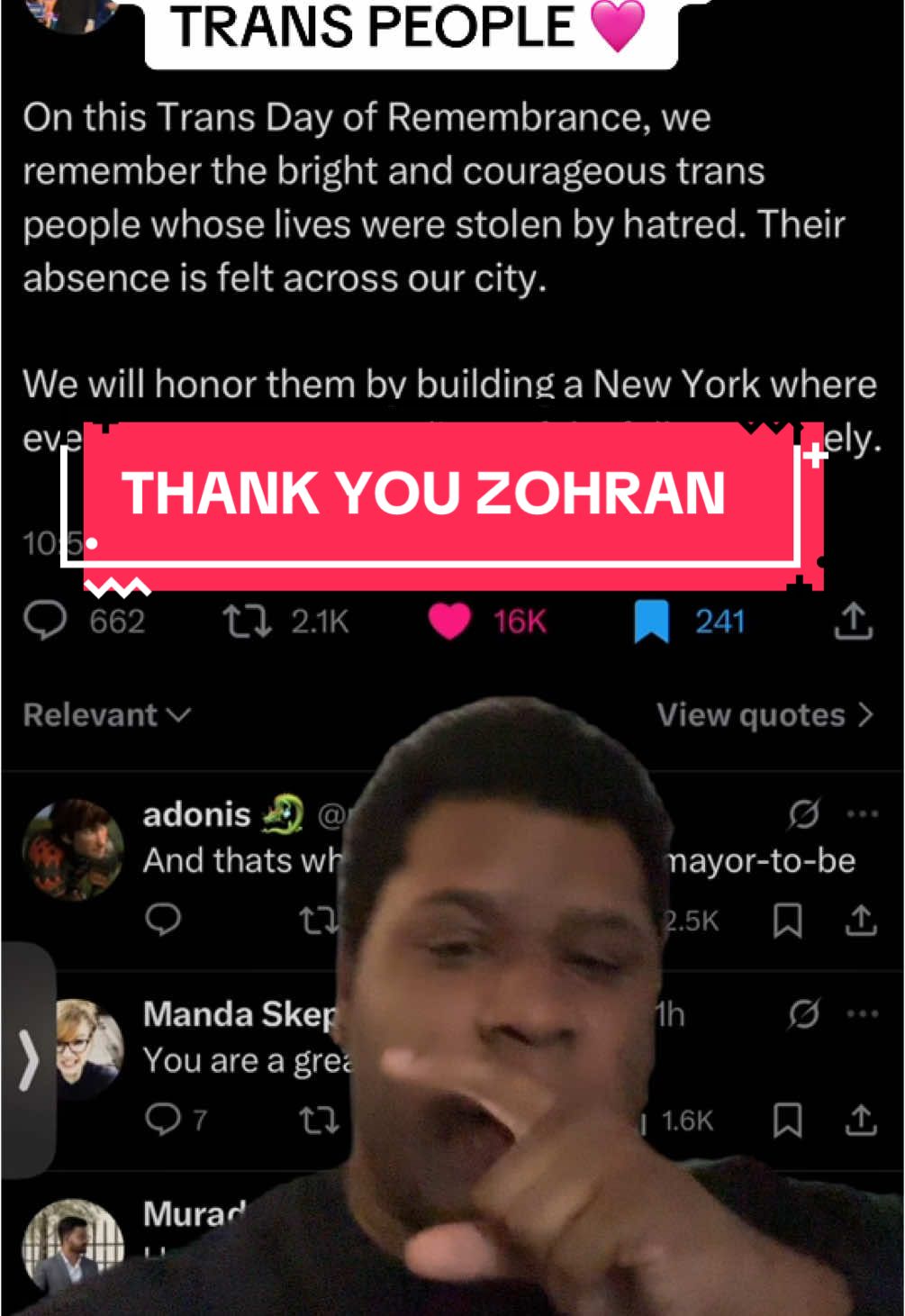 Thank you Zohran 🩷 #fyp #zohranmamdani #mamdani #transdayofremembrance #translivesmatter #lgbtq