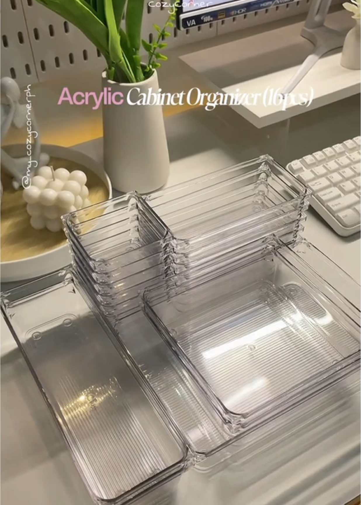 Well organized na ang vanity caninet ko using this 16pcs acrylic drawer organizer!!🫶🏻🤍✨ #cabinetorganizer #acrylicorganizer #organizer #makeuporganizer #cozycorner 