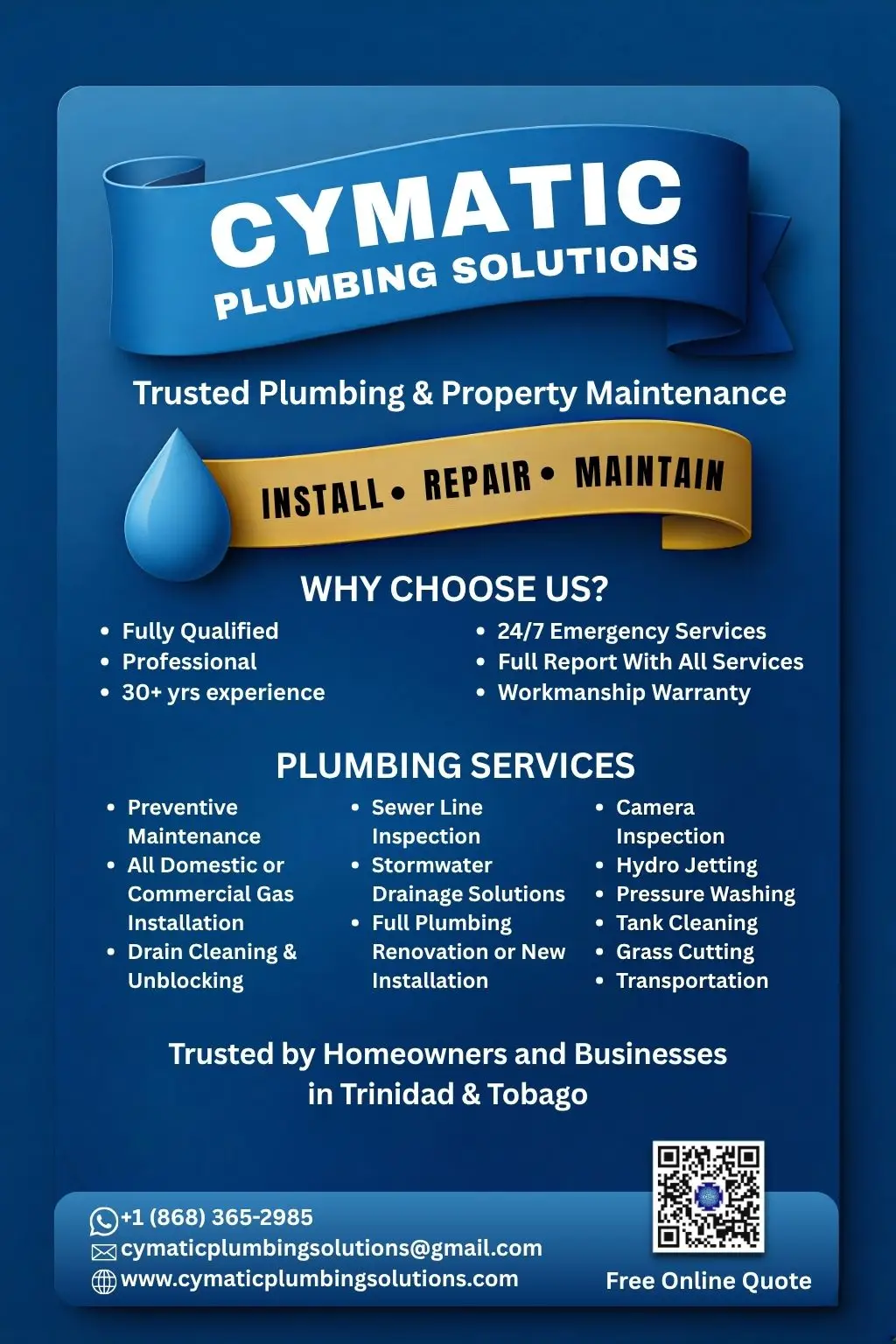 Cymatic Plumbing Solutions Trusted experts in installation, repair, and maintenance. Reliable service, 30+ years of experience, and 24/7 support for homeowners and businesses across Trinidad & Tobago. #CymaticPlumbing #PlumbingExperts #PlumbingServices #DrainCleaning #TankCleaning