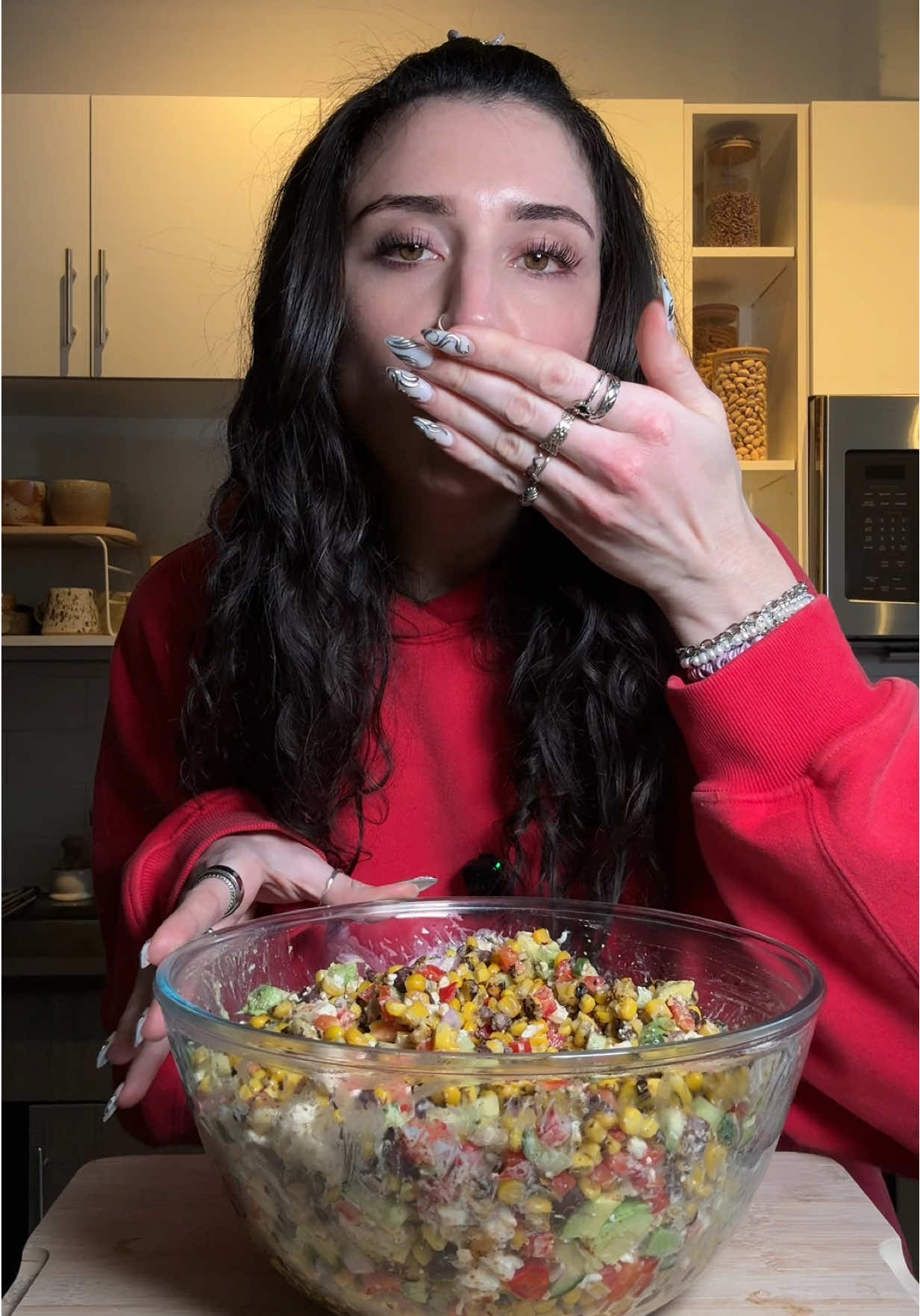 Corn & feta scoopable salad Ingredients 2 bags frozen fire roasted corn I can black beans 1 cucumber 2 red bell peppers 1 shallot Feta cheese 1.5 avocados  Juice of 1 lime Light mayo Salt, chili powder, garlic powder, onion powder  #healthyrecipes #healthylunch #salad #saladrecipe 