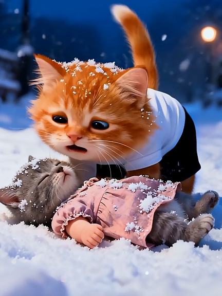 Kitten abandoned in snow 🥶 but was rescued by kind orange kitten and his orange cat mother  #poorcat #sadcat #catstory #cat #happycat #aicat 