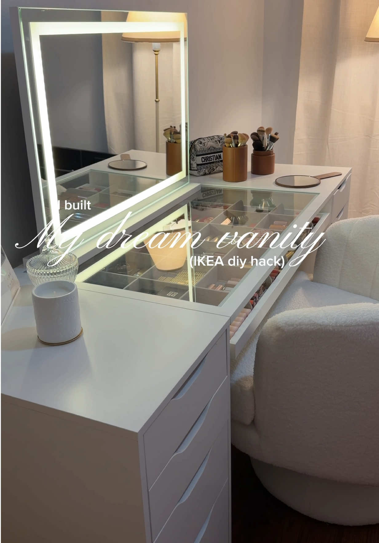 Girly things 🤍🥹🎀 Vanity furniture @IKEA  Mirror @Amazon  Chair TT shop  #ikeahack #makeupvanity #diyvanity 