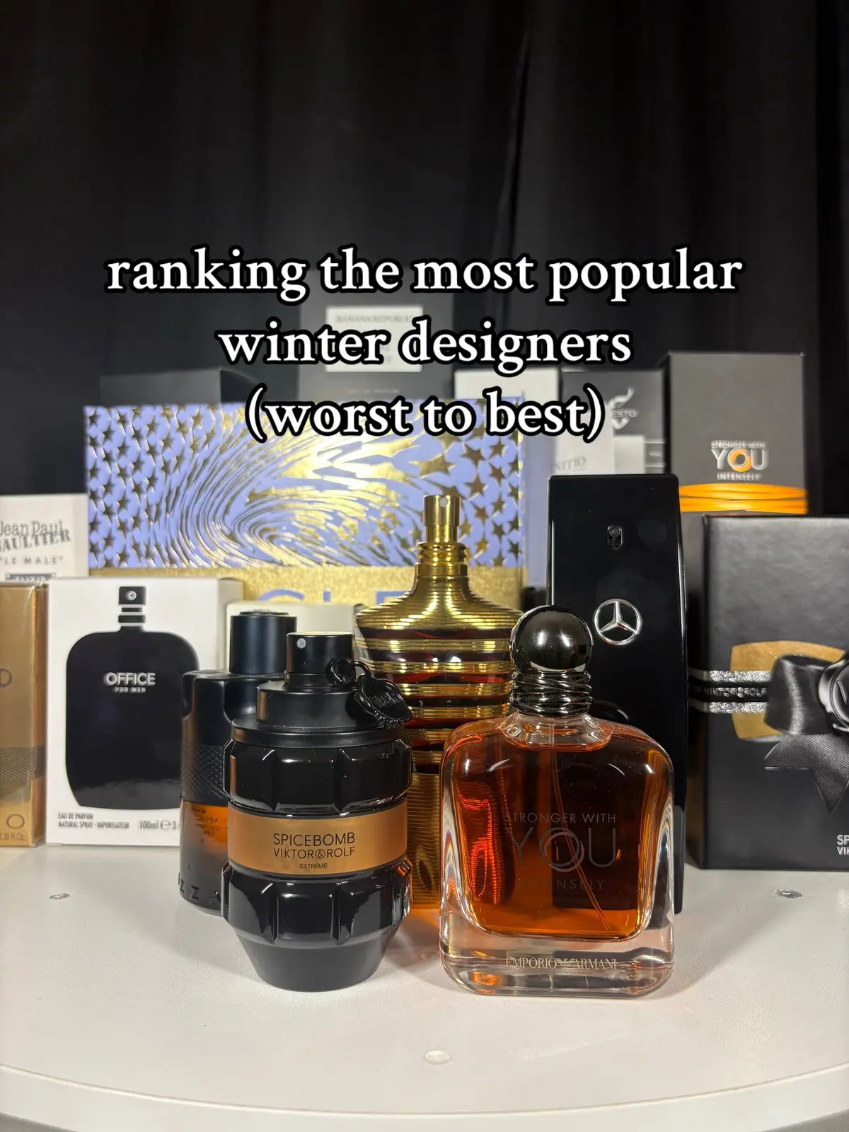 #fragrances #cologne #fyp #winterfragrance #wintercologne top 5 winter fragrances. stronger with you intensely. mercedes benz club black. spicebomb extreme. jean paul gaultier le male elixir. azzaro the most wanted parfum