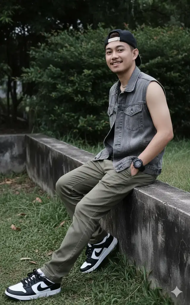 Potret seorang pria dengan referensi wajah terlampir. Riasan alami dengan kulit bersih, melihat ke kamera. Tangan di kedua saku, posisi tubuh miring dengan bidikan sudut sangat rendah. Jaket denim abu-abu bergaya streetwear, dan celana chino zaitun longgar dan sepatu Nike putih dan hitam, fokus tajam pada pria dengan latar belakang bokeh. Di sekelilingnya ada rumput yang menambah tekstur alami dengan dominasi hijau tua dari semak-semak dan pepohonan. Pencahayaan yang lembut dan menyebar, tanpa bayangan yang keras, menonjolkan tekstur kulit dan jaket.