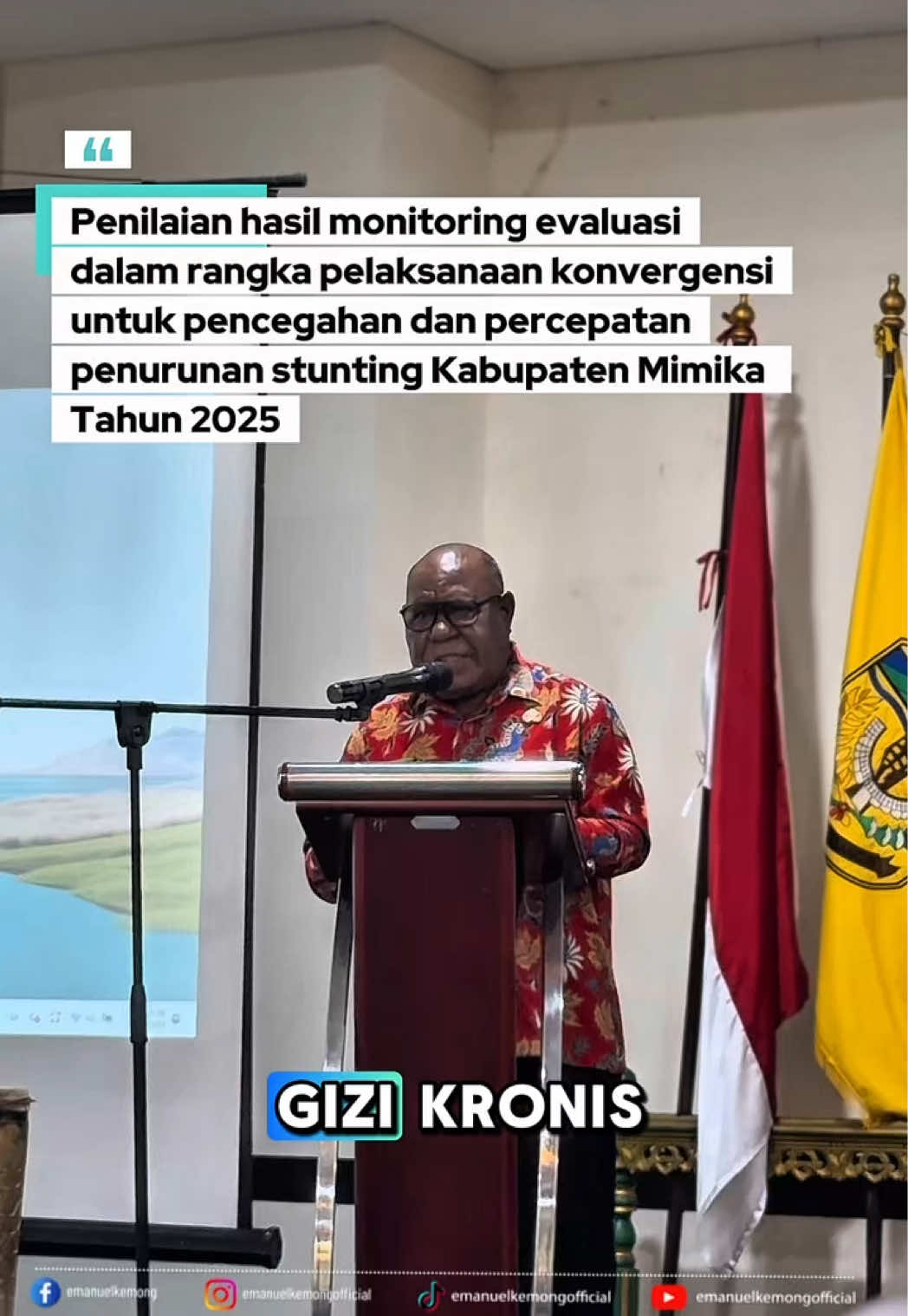 Kamis, 20 November 2025 - Saya mewakili Pemerintah Kabupaten Mimika sekaligus sebagai Ketua Tim Percepatan Penurunan Stunting Kabupaten Mimika, secara resmi membuka kegiatan Penilaian Hasil Monitoring dan Evaluasi dalam rangka pelaksanaan Aksi Konvergensi untuk pencegahan serta percepatan penurunan stunting di Kabupaten Mimika Tahun 2025. Dalam kesempatan ini, saya menekankan pentingnya kolaborasi dan kerja sama antara pemerintah, masyarakat, dan stakeholder lainnya dalam upaya penurunan stunting di Mimika. Saya juga mengapresiasi upaya yang telah dilakukan oleh Tim Percepatan Penurunan Stunting Kabupaten Mimika dalam melaksanakan Aksi Konvergensi ini. Kegiatan ini bertujuan untuk menilai hasil monitoring dan evaluasi pelaksanaan Aksi Konvergensi, serta mengidentifikasi tantangan dan peluang untuk meningkatkan upaya penurunan stunting di Mimika. Saya berharap, hasil dari kegiatan ini dapat menjadi acuan untuk meningkatkan kualitas dan efektivitas program penurunan stunting di Mimika. Mari kita bersama wujudkan generasi Mimika yang sehat, kuat, dan unggul. Dengan komitmen dan kerja sama yang kuat, kita dapat mencapai tujuan ini dan memberikan masa depan yang lebih baik bagi anak-anak Mimika.