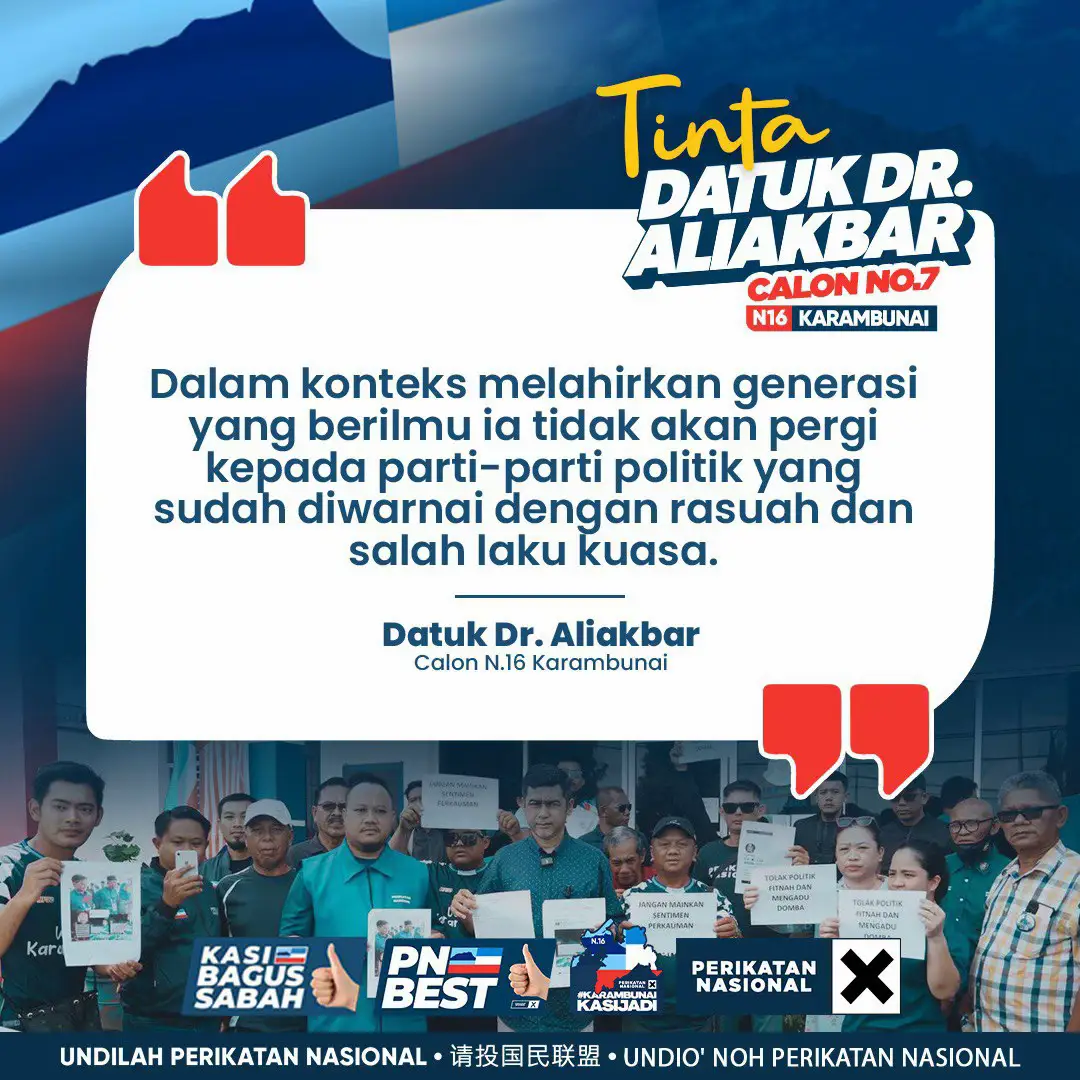 Saya percaya generasi muda semakin bijak memilih. Dari sekecil-kecil hinggalah sebesar-besar perkara.  Mereka akan memilih perkara-perkara baik kerana inilah memang fitrah manusia, suka akan kebaikan.  Jangan lupa, UNDI Perikatan Nasional, 29 November 2025 Calon NO.7 N16 Karambunai Datuk Dr. Aliakbar #KarambunaiKasiJadi #DrAli4Karambunai #KasiBagusSabah #PNBEST #PolitikSolusi