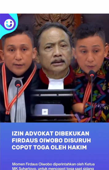 Izin Advokat Dibekukan, Firdaus Oiwobo Disuruh Lepas Toga Oleh Hakim MK. Pengacara Firdaus Oiwobo mengajukan gugatan terhadap Undang-Undang Nomor 18 Tahun 2003 tentang Advokat ke Mahkamah konstitusi (MK). Dalam Sidang Pemeriksaan Pendahuluan untuk Perkara Nomor 217/PUU-XXIII/2025, terjadi sejumlah momen menarik forum tersebut. Salah satunya adalah Ketua MK Suhartoyo memerintahkan Firdaus Oiwobo untuk melepas toganya dalam sidang tersebut. Suhartoyo mengatakan gugatan ini bisa dilanjutkan jika Firdaus hadir dalam kapasitas sebagai pemohon, bukan kuasa hukum atau advokat. Hakim MK, Suhartoyo memerintahkan hal tersebut karena kartu advokat milik Firdaus Oiwobo telah dibekukan, akibat peristiwa naik meja di ruang Pengadilan Negeri (PN) Jakarta Utara. Sebagai informasi, Organisasi Kongres Advokat Indonesia (KAI) memutuskan untuk membekukan izin advokat Firdaus Oiwobo karena melanggar kode etik pada 8 Februari 2025. #FirdausOiwobo #Sidang #LepasToga #Hakim #MahkamahKonstitusi 