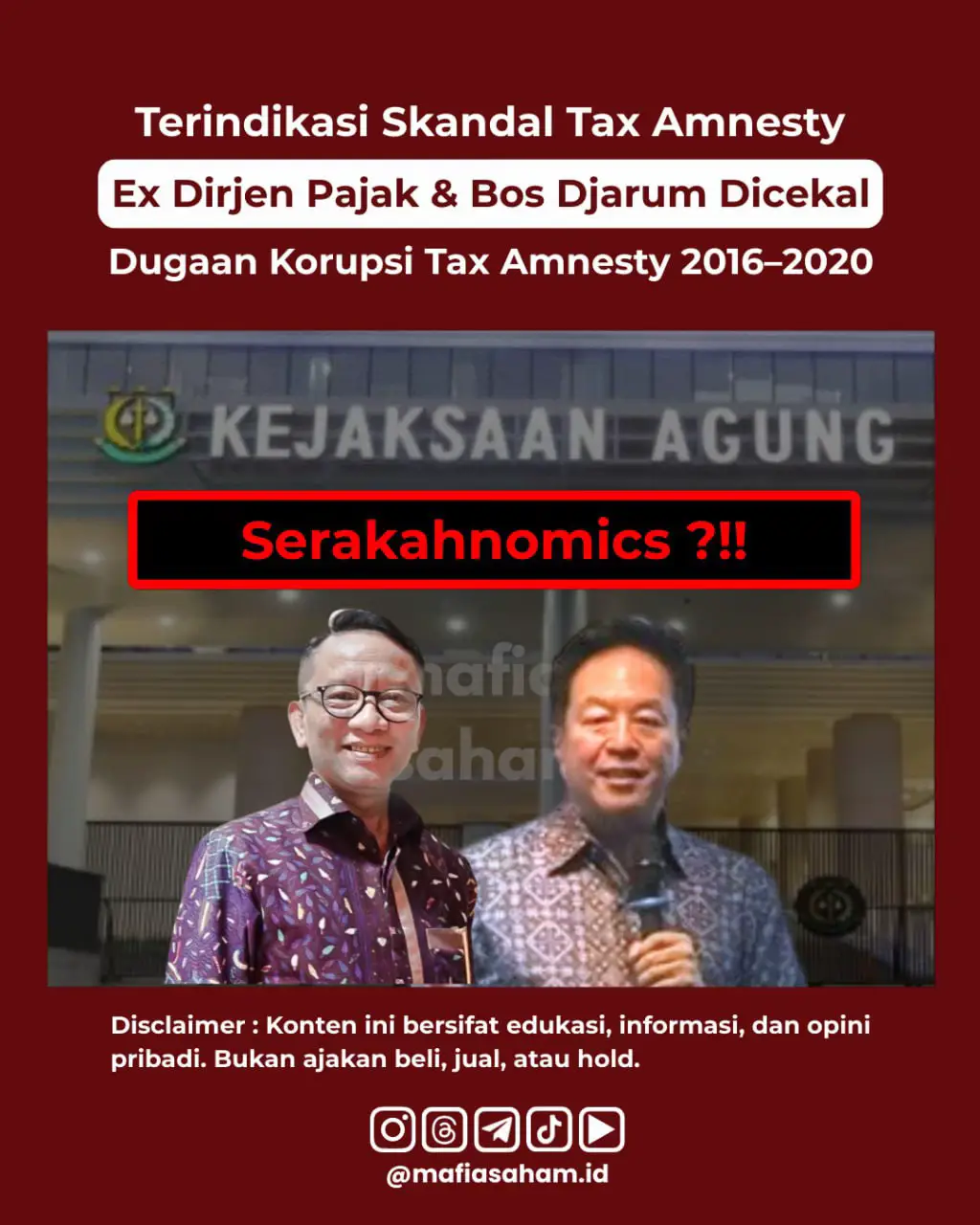 Kejagung mencegah mantan Dirjen Pajak Ken Dwijugiasteadi, Dirut PT Djarum Victor Rachmat Hartono, dan tiga pihak lain ke luar negeri terkait dugaan korupsi pengurangan kewajiban pajak 2016–2020. Imigrasi membenarkan pencegahan yang berlaku 14 November 2025 hingga 14 Mei 2026. Hingga berita ini diturunkan belum ada tanggapan dari pihak terkait maupun kuasa hukum yang berwenang. #mafiasaham #beritanasional #taxamnesty