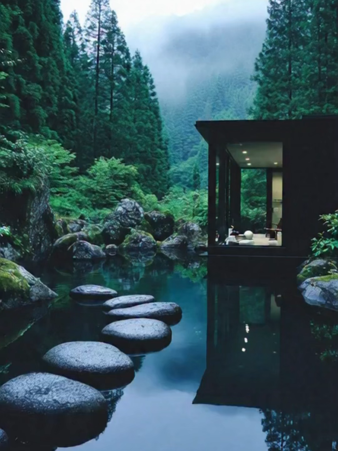 Japanese Mountain Onsen Villa – Zen Mist Modern Japanese onsen villa surrounded by pine forest mist; natural hot spring steaming through stone pathways; minimalist wood architecture, calm morning light, serene mountain escape with luxury wellness vibes. #JapanTravel #OnsenVilla #LuxuryRetreat #MountainEscape #ZenAesthetic
