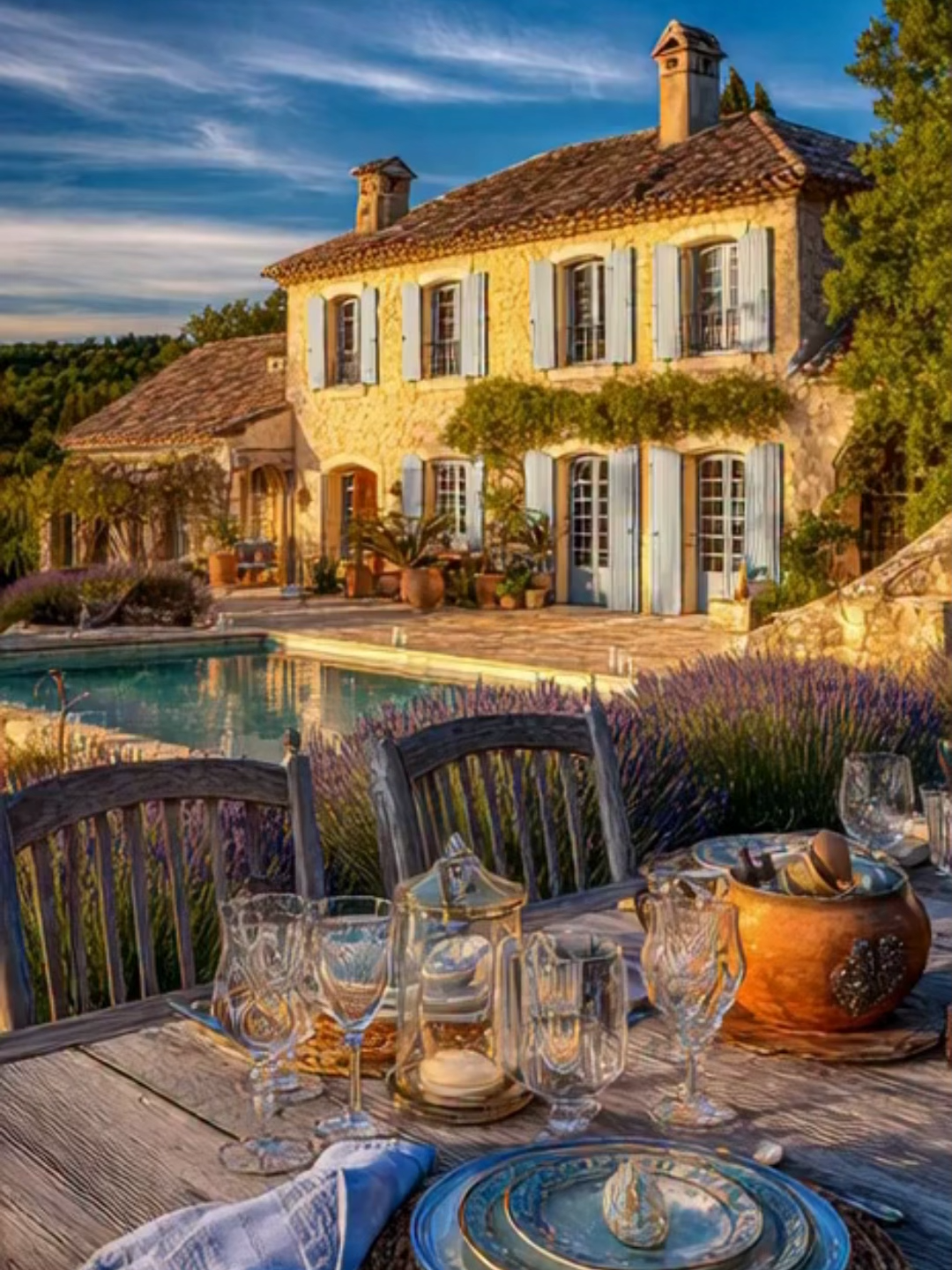 French Riviera Vineyard Mansion Luxury French Riviera estate at golden hour, surrounded by vineyards and lavender fields. Elegant outdoor table with crystal glassware and linen, warm Mediterranean breeze, refined countryside glamour. #FrenchRiviera #LuxuryLifestyle #VineyardViews #MediterraneanLiving #LuxuryEstate