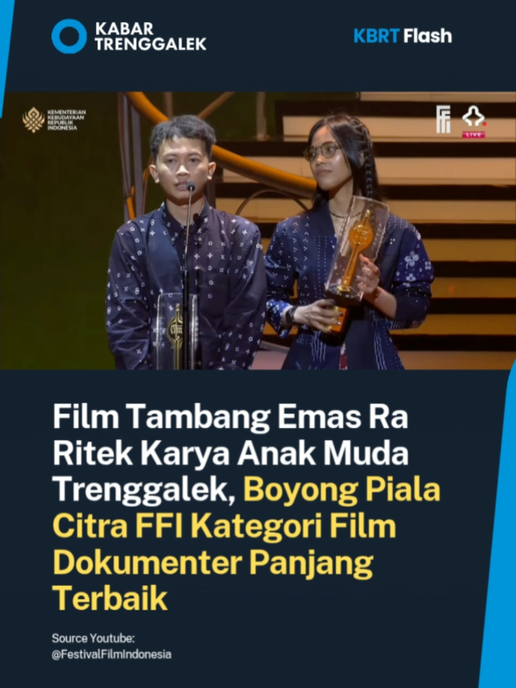 Film Tambang Emas Ra Ritek” Karya Anak Muda Trenggalek resmi memenangkan Film Dokumenter Panjang Terbaik. Sutradara Alvina N.A dan produser Wahyu A.O menerima Piala Citra langsung di Teater Jakarta Taman Ismail Marzuki, Cikini, Menteng, Jakarta Pusat. Sebuah karya kolaboratif: Mantrabumi × Serikat Suket × Persma Jimat × JATAM #kabartrenggalek  #trenggalek 