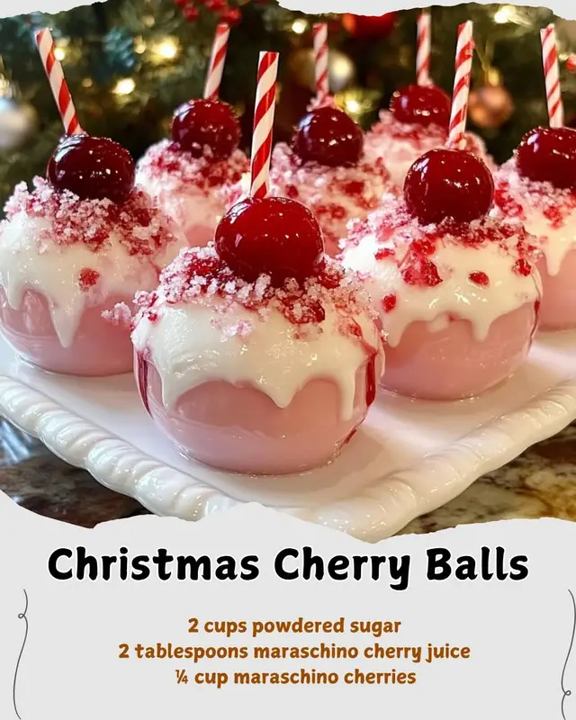 🎄 Christmas Cherry Balls 🎁 Ingredients For the Cookie Base: 1 (15.25-ounce) box vanilla cake mix 1 (8-ounce) package cream cheese, softened to room temperature ½ cup unsalted butter, softened to room temperature 1 large egg, at room temperature 1 teaspoon almond extract (or vanilla extract) ½ cup maraschino cherries, finely chopped and well-drained For the Frosting & Decoration: ½ cup unsalted butter, softened to room temperature 2 cups powdered sugar 2 tablespoons maraschino cherry juice ¼ cup maraschino cherries, finely chopped and well-drained ½ cup sweetened shredded coconut, optional for garnish Instructions Preheat your oven to 350°F (175°C). Line two baking sheets with parchment paper. In a large bowl, use an electric mixer on medium speed to cream together the softened cream cheese and ½ cup of butter until smooth and completely lump-free. Beat in the egg and almond extract until just combined. Gradually add the entire box of vanilla cake mix to the wet ingredients, mixing on low speed until a soft, uniform dough forms. The dough will be quite sticky. Use a spatula to gently fold the ½ cup of finely chopped, well-drained maraschino cherries into the dough until they are evenly distributed. Drop rounded tablespoonfuls of dough onto the prepared baking sheets, spacing them about 2 inches apart. Bake for 10-12 minutes, or until the edges are just set and the bottoms are lightly golden. The centers should still look soft. Allow the cookies to cool on the baking sheet for 5 minutes before transferring them to a wire rack to cool completely. Prepare the Frosting: While the cookies cool, beat the remaining ½ cup of softened butter in a clean bowl until creamy. Gradually add the powdered sugar and cherry juice, beating on medium-high speed until the frosting is light and fluffy. Fold the remaining ¼ cup of chopped maraschino cherries into the finished frosting. Once the cookies are completely cool, frost them generously. If desired, sprinkle with shredded coconut or additional chopped cherries for a festive touch. #fblifestyle