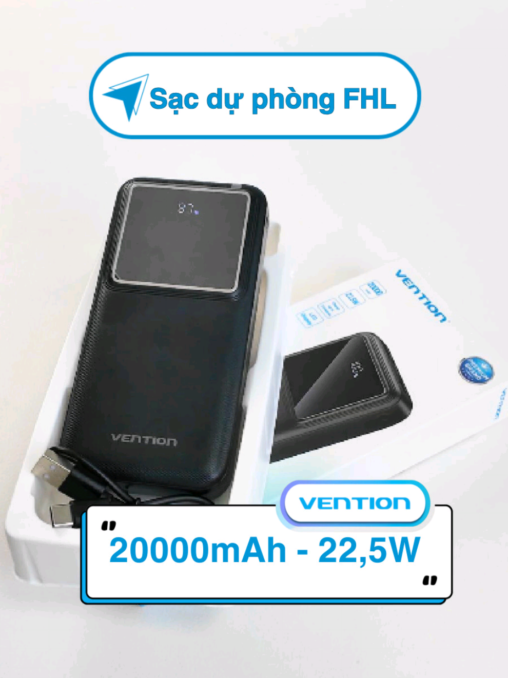 Sạc dự phòng  công suất cao FHL 20000mAh - 22,5W cùng hiển thị thông minh, tích hợp dây type C tiện dụng #vention #ventionstorevietnam #sacduphong #pinduphong #sacduphong20000mah 