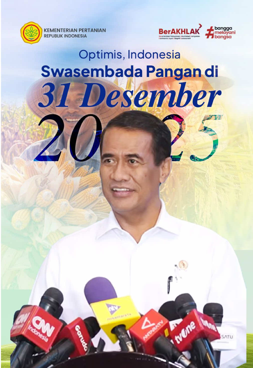 Menteri Pertanian Amran Sulaiman menyampaikan hasil Rapat terbatas dengan Presiden R.I Prawabowo Subianto,   Mentan Amran Optimis  Kalau tidak ada aral melintang,  Indonesia swasembada pangan di 31 Desember 2025 .Hal ini menjadi prioritas karena target swasembada awalnya ditargetkan 4 tahun, tapi  saat ini ditargetkan  dapat dicapai dalam 1 tahun.  Selain itu, Amran juga menjelaskan bahwa capaian tersebut merupakan lompatan besar dari target awal pemerintah. Amran menyebut bahwa swasembada beras ini merupakan hasil dari arahan langsung dan gagasan besar Presiden Prabowo sejak awal pemerintahan.  Mari Dukung Niat dan Cita Cita Besar Petanian dan Pangan Indonesia.  #SwasembadaPangan #SwasembadaBeras #swasembadajagung 