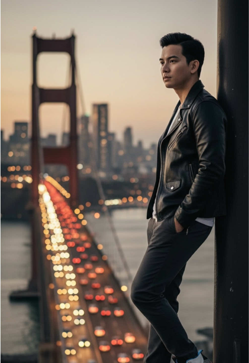 cinematic photograph of a man  The man is captured from a side angle, standing on a high vantage point (like a fence or ledge), leaning in his best pose casually against a metal pole. He looks out over the scene with a thoughtful and contemplative expression, . conveying a sense of urban solitude and introspection. The subject has no tattoos or earrings. He is dressed in a cool, urban style: a sleek black leather ,slim-fit black trouser, and wearing Jordan Spizike Low SE -  The setting is an elevated viewpoint overlooking a massive, iconic suspension bridge at dusk. The bridge is alive with the out-of-focus lights of traffic, creating a stunning bokeh effect that stretches into the distance. Across the water, a sprawling city skyline glows under the warm final light of the setting sun. The atmosphere is contemplative, moody, and deeply cinematic. The lighting is soft and atmospheric, characteristic of the golden hour blending into twilight. The warm ambient light from the sunset and the glowing city and car lights create a beautiful, moody scene with a very shallow depth of field. The overall mood is one of quiet introspection, urban wanderlust, and peaceful solitude. #photoshoot #photography #tiktoktrending #geminiaiprompt #fyp 