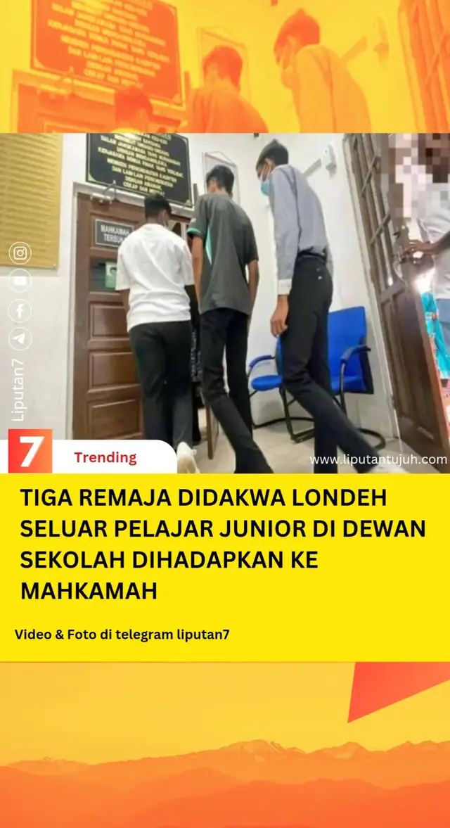 TIGA REMAJA DIDAKWA LONDEH SELUAR PELAJAR JUNIOR DI DEWAN SEKOLAH DIHADAPKAN KE MAHKAMAH Tiga remaja lelaki berusia 16 tahun dihadapkan ke Mahkamah Majistret Parit pada Jumaat atas pertuduhan menghina seorang pelajar lelaki berusia 13 tahun dengan menolak serta melondehkan seluarnya di hadapan orang ramai minggu lalu. Insiden memalukan itu berlaku di dewan sebuah sekolah menengah di Parit, Perak Tengah sekitar jam 8.30 pagi pada 14 November 2025. Ketiga-tiga tertuduh mengaku tidak bersalah selepas pertuduhan dibacakan di hadapan Majistret Nurul Izalina Rajaai dalam prosiding tertutup. Mereka didakwa mengikut Seksyen 507B Kanun Keseksaan dibaca bersama Seksyen 34 yang memperuntukkan hukuman penjara sehingga tiga tahun atau denda atau kedua-duanya jika sabit kesalahan. Mahkamah membenarkan setiap tertuduh diikat jamin RM500 seorang, sementara 16 Disember ditetapkan sebagai tarikh sebutan semula bagi mendapatkan laporan akhlak daripada Jabatan Kebajikan Masyarakat. oleh LIPUTAN7 21 November 2025 MALAYSIA 🇲🇾 #liputan7 #Parit #Perak #kesjenayahpelajar