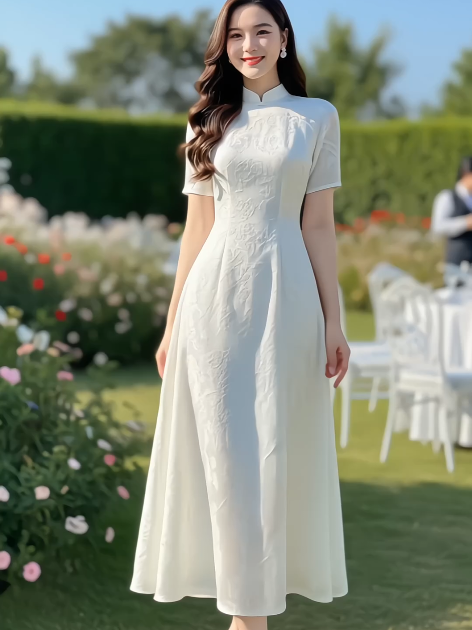 Đầm sườn xám nữ thiết kế tay ngắn đính ngọc cách điệu chất tơ thêu hoa nổi sang chảnh #vaydutiec #damsuonxam #damtieuthu #damsangchanh #xuhuong 