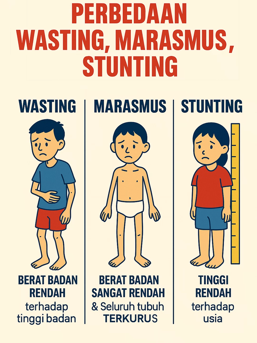 BANYAK YANG MASIH KELIRU! Wasting, marasmus, dan stunting itu bukan hal yang sama, meskipun sering muncul bersamaan. Memahami bedanya penting supaya orang tua bisa mendeteksi masalah tumbuh kembang anak lebih cepat. 1. WASTING = Anak Terlalu Kurus untuk Tingginya Biasanya berat badan turun cepat atau tidak naik berbulan-bulan. Penyebab umum: makan sedikit, GTM, picky eater, sering sakit, diare, atau asupan kalori kurang. Tanda-tanda: • pipi menipis • tulang terlihat • anak cepat lelah • berat badan jauh di bawah kurva 2. MARASMUS = Bentuk Wasting yang Sangat Berat Ini adalah kondisi kekurangan energi parah dalam jangka lama. Tubuh mengambil cadangan energi dari otot dan lemak. Tanda-tanda: • tubuh sangat kurus • wajah tampak tua • kulit kendur • otot menyusut • energi sangat rendah Marasmus = wasting tingkat berat. 3. STUNTING = Tinggi Badan Tidak Sesuai Usia Stunting bukan soal kurus. Ini soal pertumbuhan tinggi badan yang melambat akibat kekurangan gizi kronis sejak kecil atau sejak dalam kandungan. Tanda-tanda: • tinggi anak jauh di bawah rata-rata • pertumbuhan lambat • sering sakit • kemampuan belajar bisa terpengaruh Intinya: • Wasting = kurus • Marasmus = kurus parah (wasting sangat berat) • Stunting = pendek (tinggi tidak sesuai usia) Tiga-tiganya berbahaya jika tidak ditangani cepat, tapi mekanismenya berbeda. Yang bisa dilakukan orang tua: • perbaiki jadwal makan • makanan padat energi (telur, ikan, daging, kacang-kacangan) • tambahkan minyak sehat tiap makan • pantau BB & TB tiap bulan • konsultasi jika berat tidak naik 2 bulan berturut-turut • pastikan anak cukup tidur & cukup cairan Anak bukan sekadar angka di timbangan. Tapi angka itu adalah sinyal yang tidak boleh diabaikan. Pantau, perhatikan, dan tangani sejak dini. #Wasting #Marasmus #Stunting #TumbuhKembangAnak #GiziAnak #InfografisKesehatan #CegahStunting