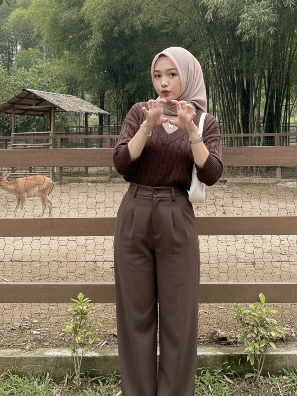 prompt gemini ai : cewe berhijab outfit brown 🤎🍂di kebun binatang mirip real.  Editlah foto ini menjadi (jangan rubah mukanya harus mirip 100000%) seorang wanita muda berpose dalam gaya modest fashion, mengenakan hijab segiempat coklat muda/cream polos yang distyling sederhana,  yang melengkapi skema warna monokromatik cokelat dari pakaiannya.  🧍‍♀️ Pose dan Outfit Pose: Berdiri tegak, menghadap ke depan, dengan kedua tangan di samping tubuh. Ekspresi wajahnya netral dengan pandangan fokus lurus ke depan atau sedikit ke samping.  Pakaian: Atasan: Mengenakan sweater rajut kabel (cable knit sweater) berwarna cokelat gelap (dark brown) dengan potongan V-neck yang dikenakan sebagai layer luar. Di dalamnya, terlihat kaus atau innerwear lengan pendek berwarna coklat muda polos dengan kerah tinggi. Bawahan: Mengenakan celana panjang formal (trousers) dengan potongan pipa lebar (wide-leg) atau lurus berwarna cokelat tua yang serasi dengan sweater, dengan lipatan depan (pleats) yang tajam. Pinggang celana tampak tinggi dan pinggangnya terlihat kecil/ramping (high-waisted). namun potongan celana bawahnya lebih lebar. terdapat satu kancing ditengahnya. Aksesoris: - Membawa tas bahu (shoulder bag) berwarna putih yang diletakkan di sisi kanannya. - Terdapat jam tangan kecil di pergelangan tangan kirinya. - Menggunakan gelang silver liontin kupu-kupu kecil  -  Mengenakan kalung yang berliontin kupu-kupu kecil - Mengenakan beberapa cincin silver permata kecil dijari-jarinya yang lentik dan panjang. kukunya menggunakan cat kuku warna pink soft natural agak sedikit panjang. - Sepatu : Mengenakan sepatu flats atau loafers berwarna putih atau krem. Latar Belakang dan Situasi Situasi/Lokasi: Berada di luar ruangan, kemungkinan besar di area kebun binatang, taman safari, atau taman konservasi hewan. Latar Belakang: Di belakang wanita tersebut terdapat pagar pembatas kandang yang terbuat dari kayu horizontal dan diikat dengan kawat besi. Di dalam kandang tersebut terlihat beberapa hewan berkaki empat berwarna cokelat muda (kemungkinan rusa atau antelop) dan struktur atap sederhana. Vegetasi: Pagar tersebut dibatasi oleh rumput pendek dan semak-semak kecil di depan, serta pohon bambu tinggi dan dedaunan lebat di latar belakang atas, menciptakan suasana alam yang rindang. Tanah: Wanita itu berdiri di tepi trotoar atau pembatas beton yang sedikit terangkat, dengan tanah dan kerikil di bawahnya. 🖼️ Pengambilan Gambar (Teknis) Pencahayaan: Cahaya alami yang lembut dan merata (soft, natural light), menunjukkan hari yang berawan atau teduh, menghindari bayangan yang keras. Sudut (Angel): Sudut pandang mata (eye-level) atau sedikit low-angle, diambil secara potret (portrait) untuk menangkap keseluruhan figur dan sebagian besar latar belakang. Kamera/Estetika: Gambar memiliki warna yang hangat dan earthy, dengan fokus tajam pada subjek. Kualitas gambar tinggi (high-resolution), menyerupai hasil dari kamera DSLR atau mirrorless dengan lensa prime untuk memberikan sedikit kedalaman bidang (shallow depth of field) yang memisahkan subjek dari latar belakang, meskipun latar belakang masih terlihat jelas. #geminiai #promptai #ootdhijab #fyp #promptgemini 