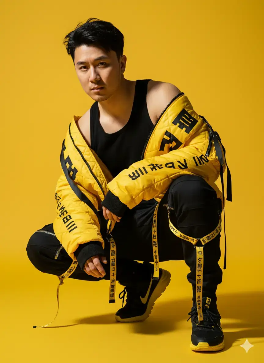 A striking, dynamic portrait of a confident young Japanese male street fashion model (use image reference — do not alter the face) in a high-contrast, edgy techwear street style. He is crouched low against a vibrant, solid yellow background, maintaining strong direct eye contact with an intense, focused gaze. His soft black hair is styled naturally with light front strands framing his forehead. His lean, athletic build shows subtle definition under bold streetwear layers. He wears a voluminous bright yellow quilted bomber jacket with black lettering, nylon straps, and tactical details — open and pushed slightly off the shoulders to reveal a minimal black fitted undershirt that complements his physique. Below, he wears black techwear cargo pants featuring multiple hanging yellow straps, zippers, and webbing belts printed with black Japanese text (kanji and katakana). His outfit is completed with black and yellow athletic sneakers styled in a modern, cyberpunk-inspired design. Lighting is high-contrast, dramatic, and hard, emphasizing the folds, reflective materials, and defined shadows across the outfit. The color palette is dominated by deep blacks and vibrant yellows, creating a bold, urban energy. The composition evokes Japanese street style and futuristic techwear fashion, captured in ultra-high resolution, shallow depth of field, with the crisp realism of a Canon EOS R5 and 50mm lens. Editorial-level quality suitable for a high-end fashion magazine cover or streetwear campaign.*