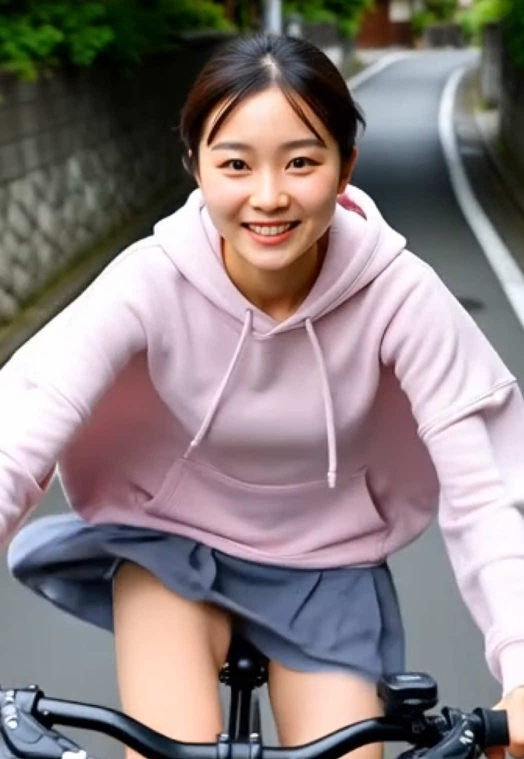 専門学校生の女の子が、学校に遅刻しそうなので、凄いスピードで自転車を漕いでいます。 #grok #自転車 #AI #美女 