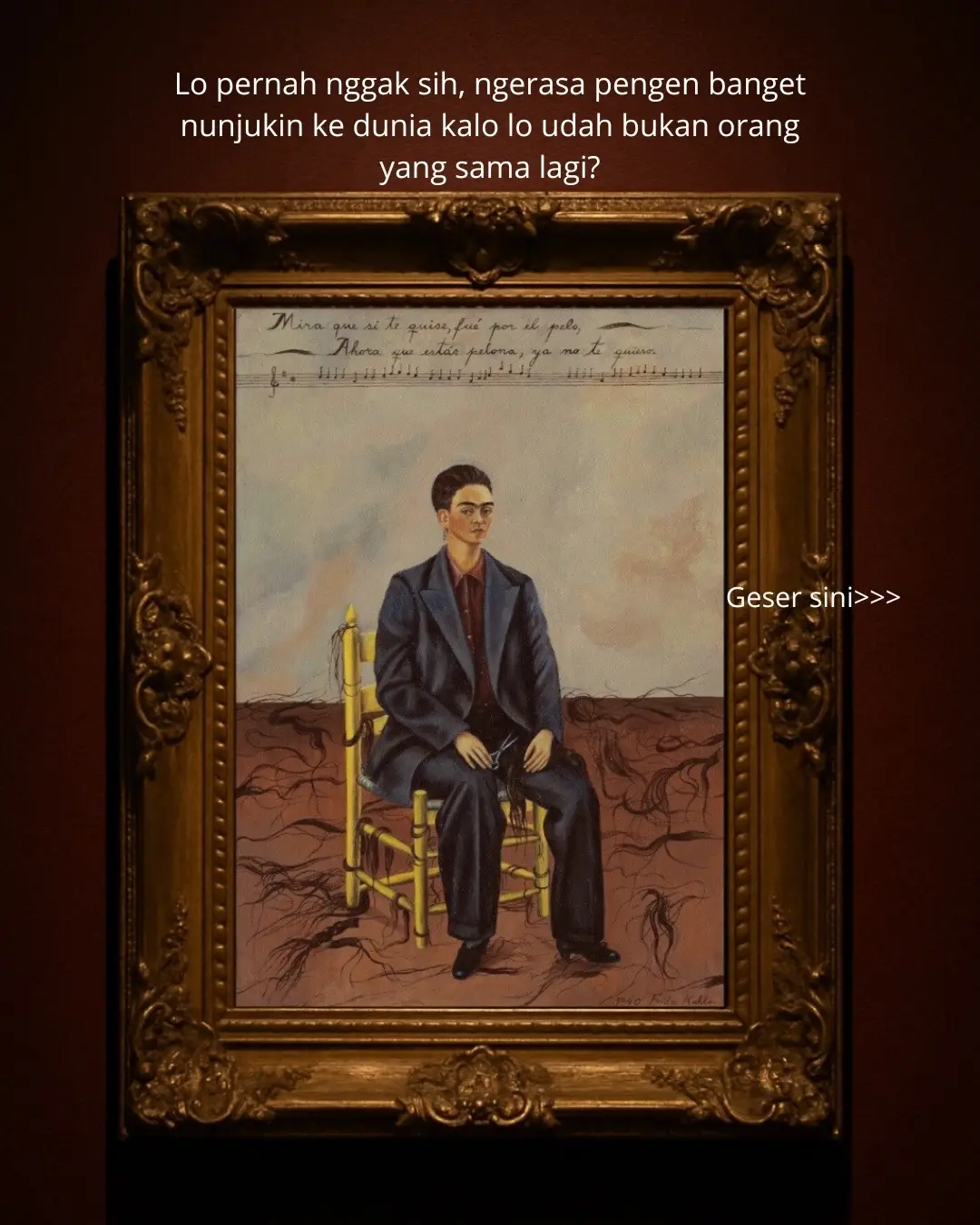 Dia potong rambut bukan karena patah hati— tapi karena udah sadar siapa dirinya sebenarnya #artsyfacts #fridakahlo #selfportraitwithcroppedhair #fyp #kanvascerita 