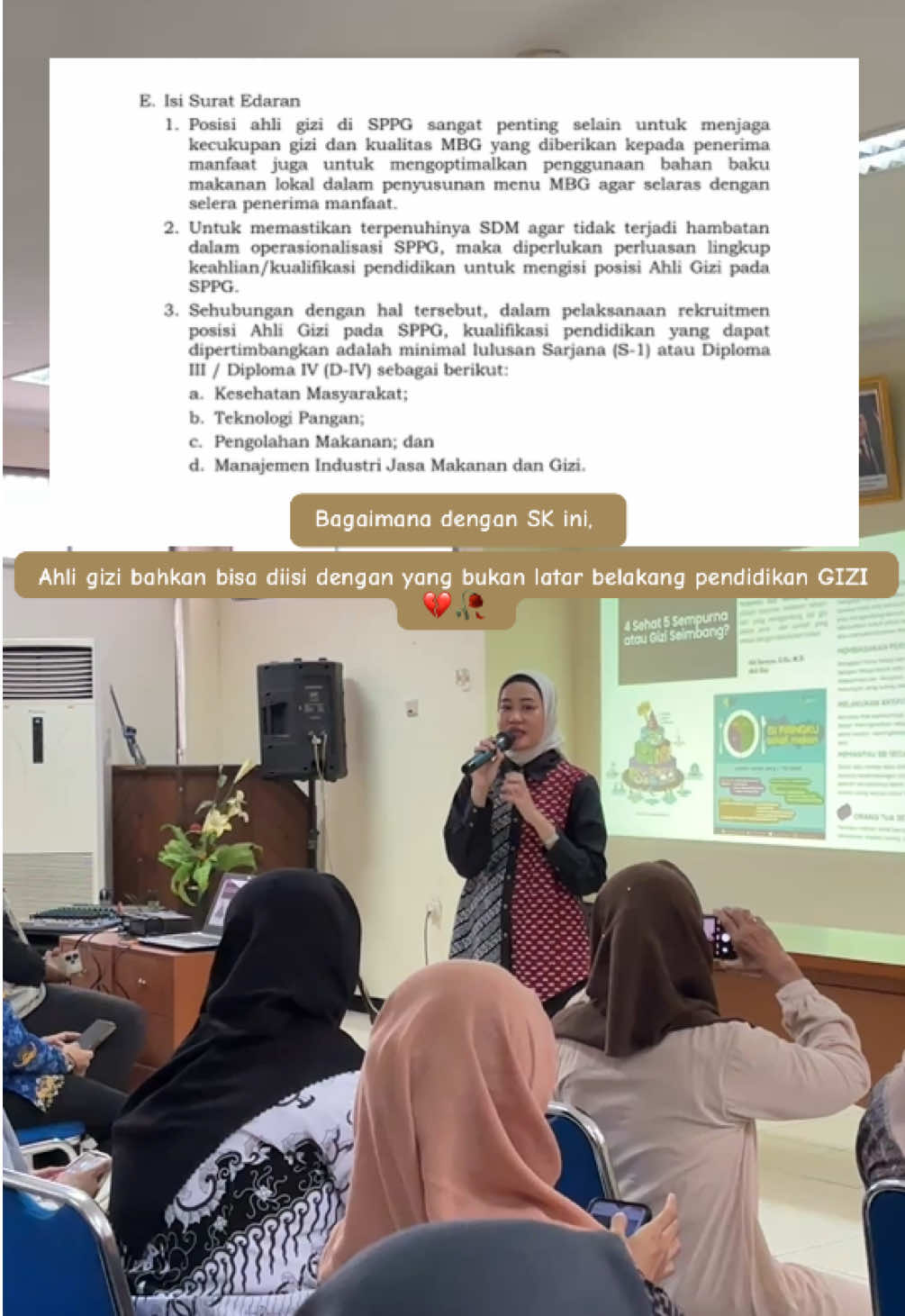 Captionnya gini aja :  Surat Edaran Nomor 6 Tahun 2025 Tentang Perluasan Lingkup Keahlian Kualifikasi Pendidikan yang Dibutuhkan Dalam Satuan Pelayanan Pemenuhan Gizi (SPPG)  Saya bukan Ahli gizi MBG, namun saya membela profesi saya dan sejawat gizi di MBG bahwa Ahli gizi adalah profesi bukan jabatan yang bisa diisi oleh jurusan non gizi. #ahligizi #ahligiziindonesia 