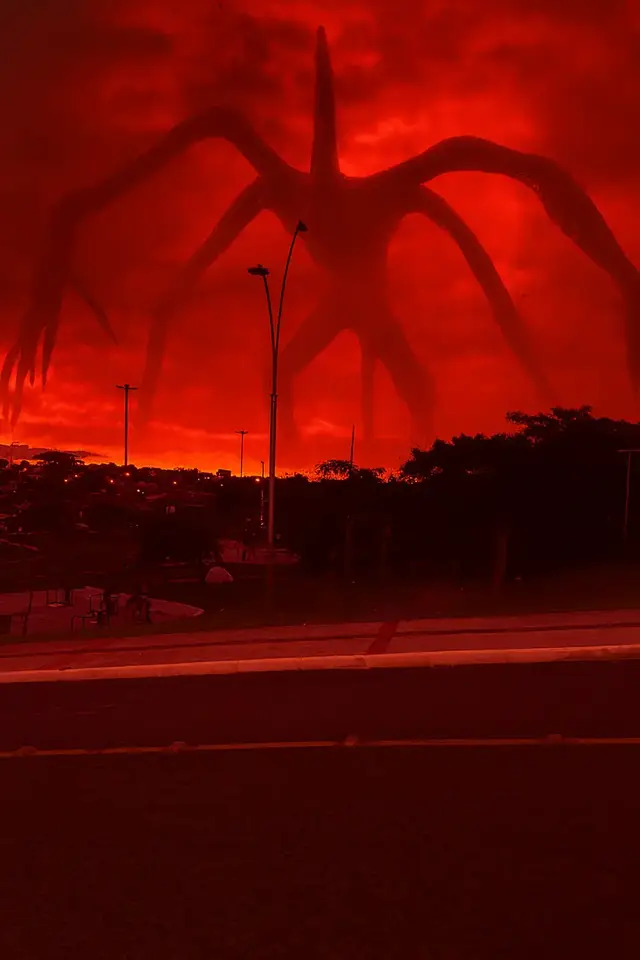 edita la foto izquiera del chico colocando al azotamentes de stranger things en el cielo de la chica de la imagen de la izquierda, tomando de referencia para ayudar la foto de la derecha, eso es lo que quiero que se vea en el fondo de la foto izquierda, sin distorsionar la foto original y sin cambiar nada para que siga quedando totalmente realista y que tuviese un ambiente rojizo así como el de serie