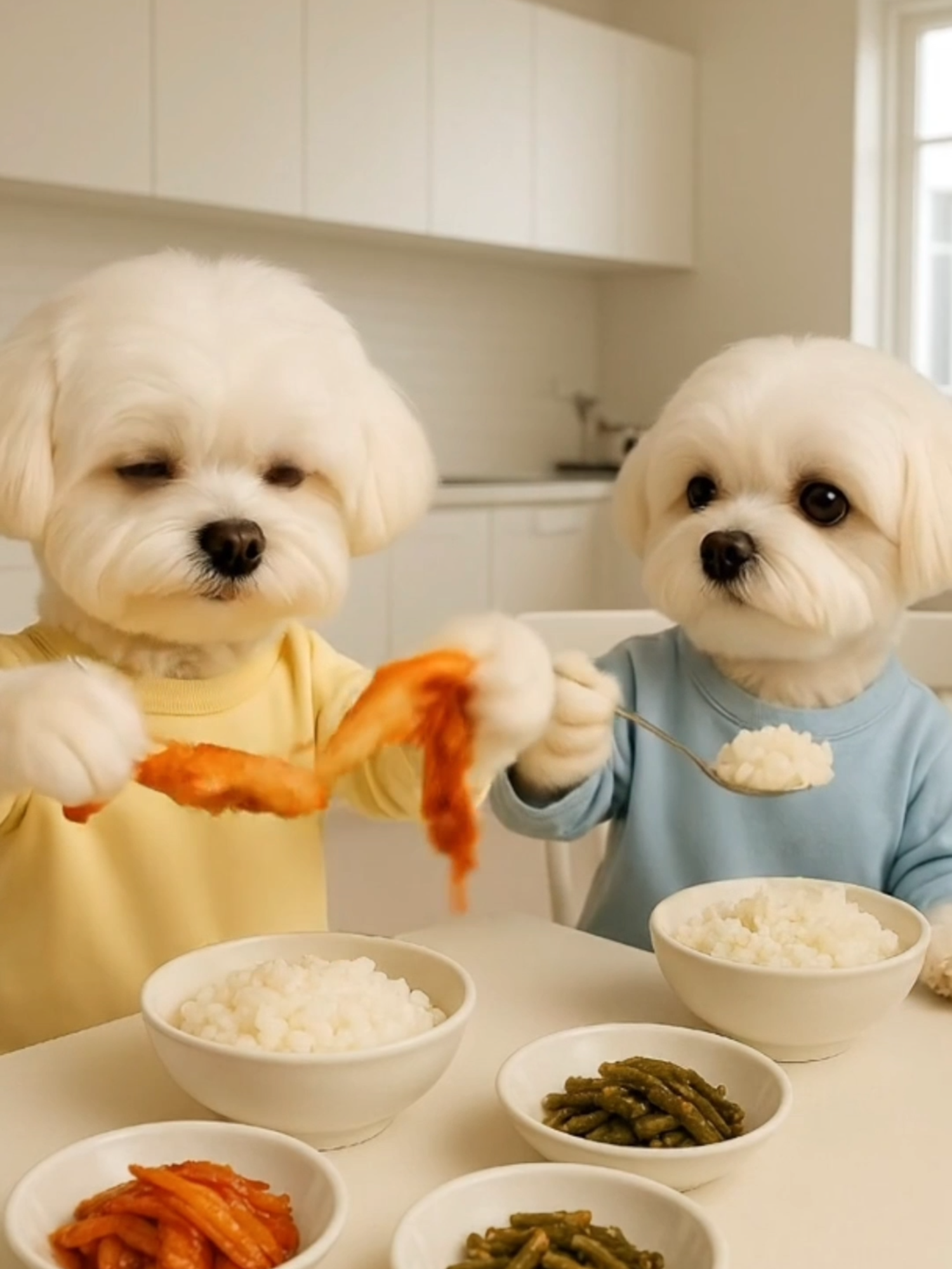 김치, 손으로 찢어야 제맛! 니들이 알아 두 강아지가 집 식탁에서 밥 먹는 순간! 오른쪽 강아지는 김치를 종이처럼 ‘쭉’ 찢고, 왼쪽 강아지 뭉치는 밥 한 숟가락 든 채 김치만 바라보는 중 😂 손맛 가득한 김치 먹방, 귀여움까지 완벽하다 ❤️ AI 강아지 일상 시리즈 계속 이어갑니다! #강아지 #말티즈 #AI강아지 #AI영상 #강아지먹방 #김치 #손맛 #귀여운강아지 #댕댕이