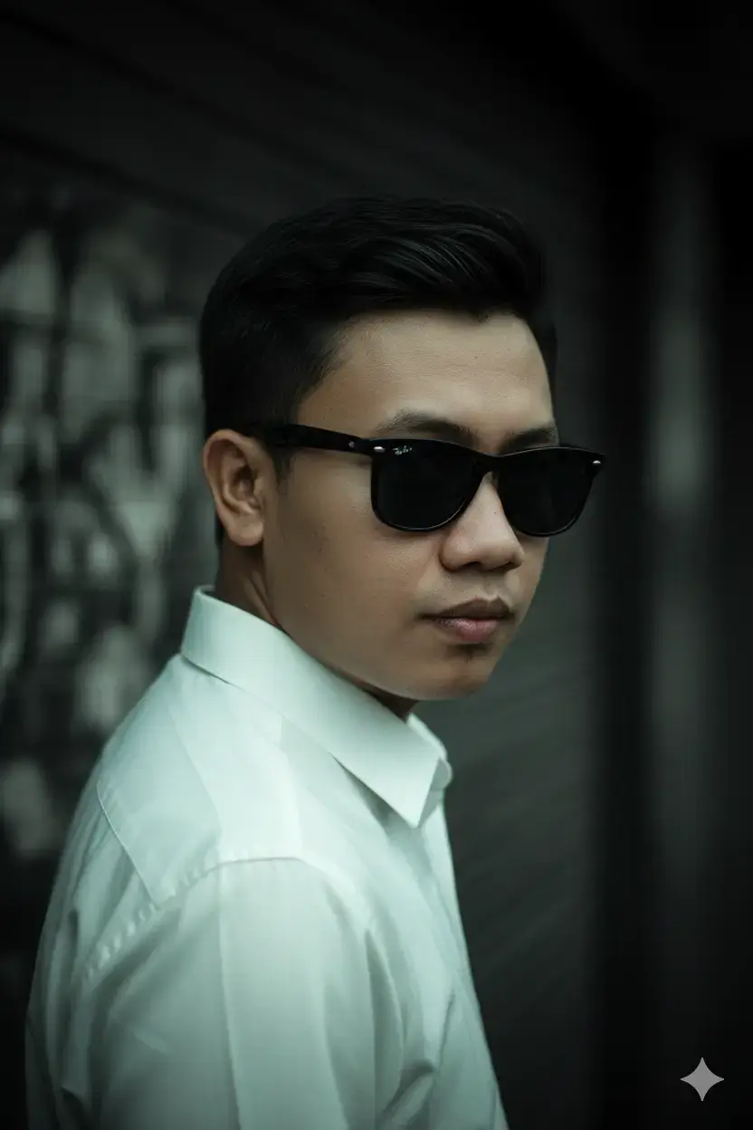 Prompt:  A young man — keeping his original face exactly the same — wearing a white shirt with a subtle greenish tint. His hair is neatly groomed, short, clean-cut, and slicked (climis). He is not wearing sunglasses; instead, a pair of black sunglasses hangs from the chest pocket of his shirt. He stands slightly sideways, turning his head to the left, looking over his left shoulder with a confident, calm expression. Lighting: bright soft daylight, evenly diffused like studio softbox or natural window light. Very minimal shadow, clean highlights, and a fresh overall tone. Subtle reflective fill maintains balanced illumination. Camera quality: high-end mirrorless full-frame (50MP+). Lens: 35mm or 50mm f/2.0 for a clean, modern editorial look. Angle: straight eye-level. Background: bright, soft, lightly textured, out-of-focus light gray or off-white environment—airy and minimalistic. Overall vibe: fresh, modern, bright, and editorial.  #fyp #xyzbca #masukberanda #geminiai #prompt 