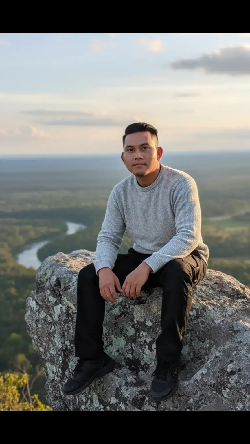 His face remains unchanged, creating a razor-sharp, hyper-realistic, and highly realistic 8K HDR image of a young, dark-haired man. The man sits alone on a large, protruding rock. He faces the camera, gazing outward. His posture appears relaxed and contemplative, capturing a sense of solitude and at one with nature. Clothing & Makeup: The young man is wearing a light gray long-sleeved top/sweater, black cargo pants, and black shoes. 9:16.