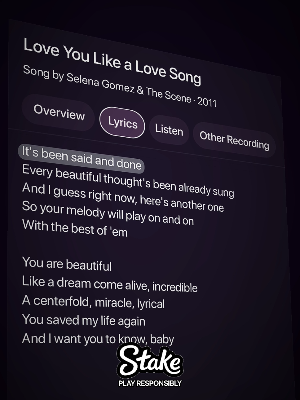 Love You Like a Love Song 🎧🎶 #lyrics #music #selenagomez #foryou #lyriqueenn 