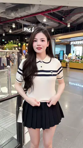 DELIZ-  Áo len polo phối kẻ cổ sen, áo polo dệt kim, áo len cộc tay tiểu thư #aopolo #aophongnu #aokieu #aolennu #aopolonu