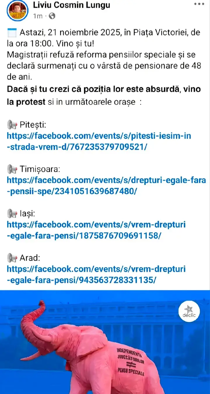 🗓️ Ieșim în stradă, astazi , 21 noiembrie 2025, în Piața Victoriei, de la ora 18:00. ✊ Vino alături de noi, să  cerem o reformă reală a pensiilor speciale. Guvernul și președintele se roagă de magistrați să accepte pensii de 70% din ultimul salariu și o reformă întinsă pe 10-15 ani. Dar vocea cetățenilor nu e auzită. Așa că mergem să strigăm Vrem drepturi egale, fără pensii speciale!  În timp ce noi strângem cureaua și suportăm măsuri anti-criză, Guvernul propune o reformă slabă a pensiilor magistraților. Chiar și dacă reforma va trece, pensiile magistraților vor rămâne cele mai mari din UE. 🪧 Vrem pensii pe principiul contributivității, fără excepții. Hai vineri, de la 18:00, în Piața Victoriei. Ia cu tine prietenii, colegii și rudele. Dacă nu ieșim acum, nu vom avea niciodată o reformă reală a pensiilor speciale.