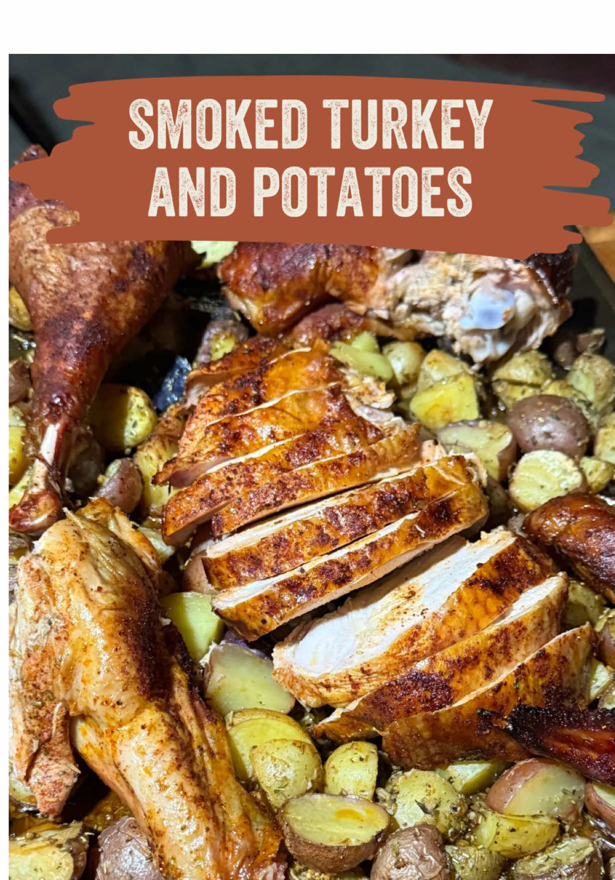 Smoked Turkey and Potatoes! If you’re having a smaller Thanksgiving you need to try this smoked half turkey over potatoes!  The juices from the turkey soak up into the potatoes giving an amazing flavor.  So simple to make and can be cooked and served directly off the @finexcookware Griddle 𝑾𝒐𝒐𝒅: @Bearmountain BBQ Cherry 𝑹𝒖𝒃: @Meat Church Hickory 𝑷𝒓𝒐𝒃𝒆: @ThermoWorks 𝑹𝑭𝑿 #bb#bbqhanksgiving #smokedturkey #turkey #Recipe  