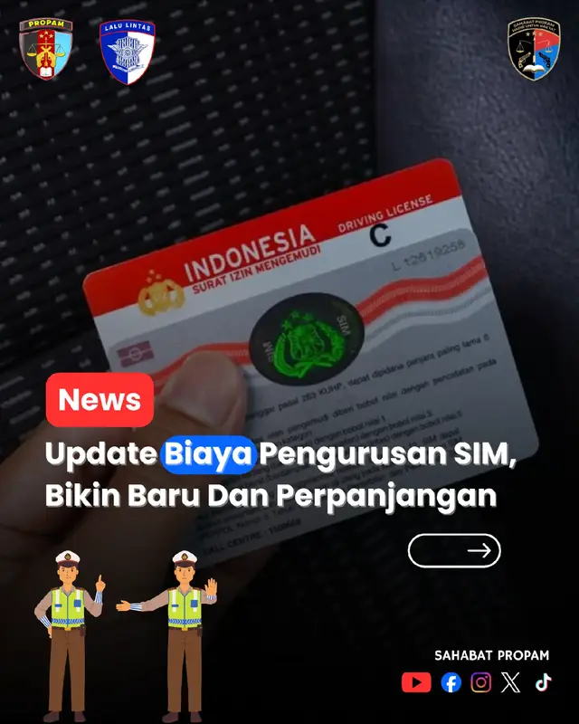 ​Masyarakat yang akan membuat atau memperpanjang Surat Izin Mengemudi (SIM), yuk simak info terbaru mengenai biaya Penerimaan Negara Bukan Pajak (PNBP) sesuai PP No. 76 Tahun 2020 di Kepolisian! ​Biaya PNBP (Hanya Biaya Pokok): ​Pembuatan Baru: ​SIM A, BI, BII: Rp 120.000 ​SIM C, CI, CII: Rp 100.000 ​SIM D, DI: Rp 50.000 ​SIM Internasional: Rp 250.000 ​Perpanjangan: ​SIM A, BI, BII: Rp 80.000 ​SIM C, CI, CII: Rp 75.000 ​SIM D, DI: Rp 30.000 ​SIM Internasional: Rp 225.000 ​‼️ CATATAN PENTING: SIAPKAN BUDGET LEBIH! ​Biaya di atas adalah biaya PNBP. Anda perlu menyiapkan biaya tambahan yang belum termasuk Tes Psikologi, Asuransi, Tes Kesehatan Jasmani, dan Surat Keterangan Uji Keterampilan Pengemudi (SKUKP). ​💡 TIPS MUDAH PERPANJANGAN SIM: ​Manfaatkan Layanan SIM KELILING yang biasanya tersedia di daerah Anda! Proses perpanjangan jadi lebih mudah dan cepat. Layanan ini tidak berlaku untuk pembuatan SIM baru, yang tetap harus dilakukan di Kantor Satpas. ​Tertib administrasi berarti tertib di jalan! Segera periksa masa berlaku SIM Anda. ​#UpdateSIM #BiayaSIM #SIMKeliling #PNBP #SahabatPropam 