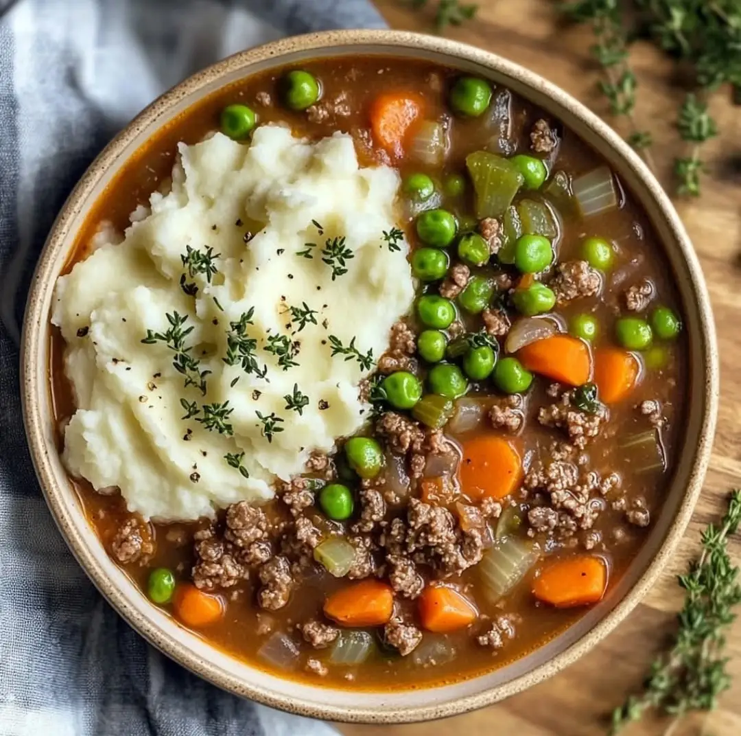 Shepherd’s Pie Soup Ingredients For the soup 1 lb ground beef (or ground lamb for traditional flavor) 1 small onion, diced 2 carrots, diced 2 celery stalks, diced 2–3 cloves garlic, minced 3 cups beef broth 1 cup frozen peas 1 tsp Worcestershire sauce 1 tsp dried thyme ½ tsp paprika Salt & pepper to taste For the creamy mashed potato swirl 2 cups prepared mashed potatoes (leftovers or instant work great) ½–1 cup milk (to thin a bit of desired) 2 tbsp butter Optional: ½ cup shredded cheddar for cheesy mash Instructions 1. Cook the meat base 1. In a large pot, brown the ground beef/lamb over medium heat. 2. Drain excess grease. 3. Add onion, carrots, celery, and garlic. Sauté 5–7 minutes until softened. 2. Build the soup 4. Pour in the beef broth, Worcestershire, thyme, paprika, salt, and pepper. 5. Bring to a boil, then reduce to a simmer for 10–15 minutes until vegetables are tender. 6. Stir in the frozen peas. 3. Make the mashed potato topping 7. In a separate pot, combine mashed potatoes, milk, and butter. 8. Warm until smooth and creamy. 9. Stir in cheddar if you like it cheesy. 4. Finish the soup 10. Ladle the soup into bowls. 11. Spoon or swirl the creamy mashed potatoes on top like Shepherd’s Pie “topping.” 12. Optional: Broil the bowls a couple minutes to lightly brown the potato topping. 📌 Optional Add-Ins Add 1 tbsp tomato paste for richness Stir in ½ cup heavy cream for extra creamy broth Add mushrooms for more texture Top with extra cheddar or parsley #EasyRecipe #souprecipe #deliciousfood #comfortfoods #fyp 