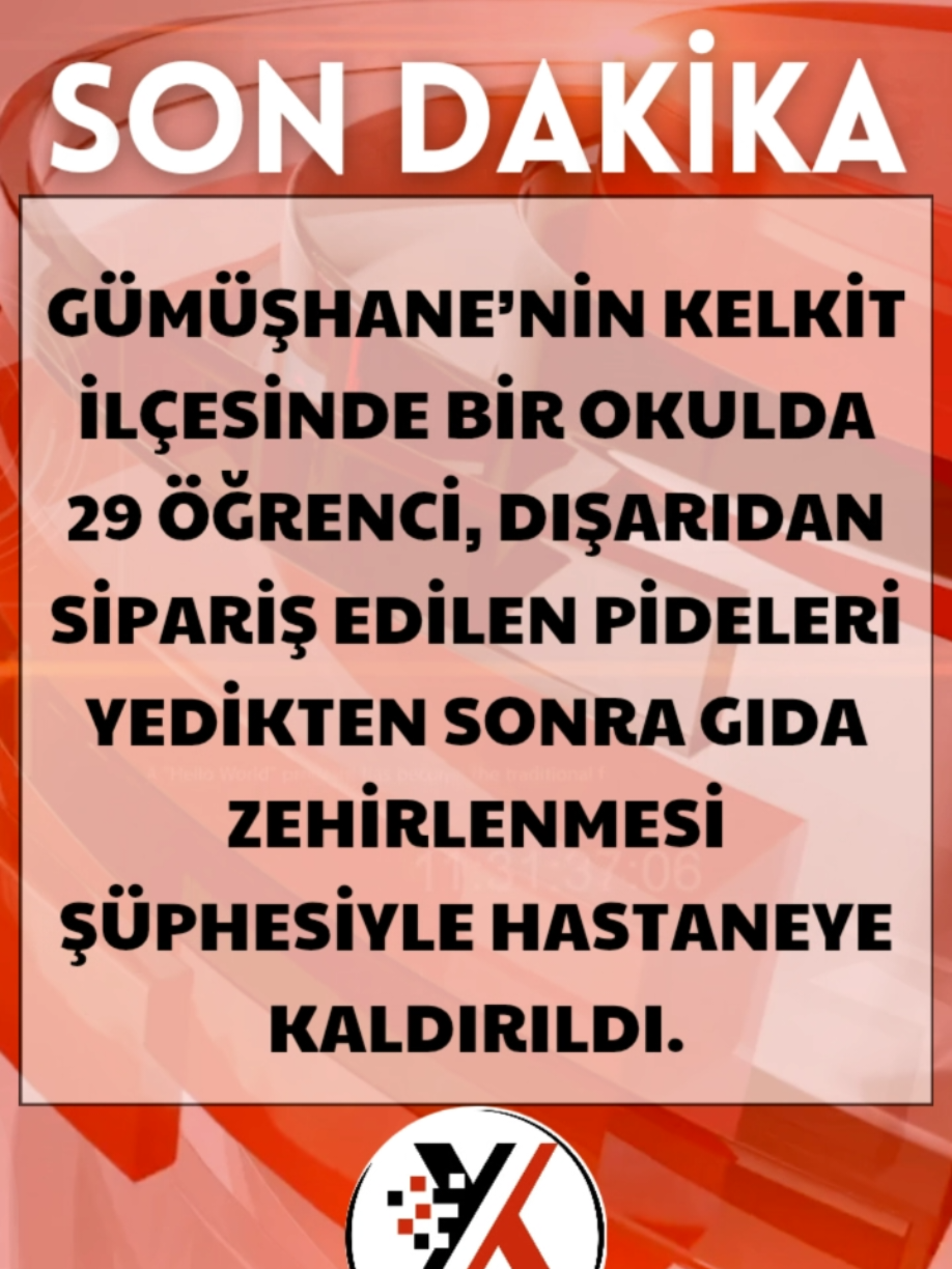 🔴Gümüşhane’nin Kelkit ilçesinde bir okulda 29 öğrenci, dışarıdan sipariş edilen pideleri yedikten sonra gıda zehirlenmesi şüphesiyle hastaneye kaldırıldı. 🔴Kelkit ilçesine bağlı Ünlüpınar beldesinde bulunan İmam Hatip Ortaokulu’nun pansiyonunda öğle yemeğinde dışarıdan sipariş edilen pideleri yedikten sonra çok sayıda öğrenci karın ağrısı, mide bulantısı ve kusma şikayetleri yaşadı.  🔴Şikayetlerin artması üzerine okul yönetimi durumu sağlık ekiplerine bildirdi. 🔴Olay yerine sevk edilen ambulanslarla 29 öğrenci Kelkit Devlet Hastanesi’ne kaldırılarak tedavi altına alındı. 🔴 İlk bilgilere göre öğrencilerin sağlık durumunun iyi olduğu öğrenilirken, yapılacak tahlillerin sonucuna göre öğrenciler taburcu edilecek. 🔴Öte yandan olayla ilgili başsavcılık tarafından soruşturma başlatılırken, pide ve içeceklerden alınan numuneler incelenecek. #gümüşhane #kelkit #öğrenci #okul #haber 