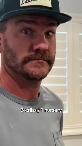 3 cribs in one nursery 😳😅 we need to fit a glider chair & dresser/changing table combo in the room too! (The closet + door take up the entire wall not shown!) #triplets #nursery 