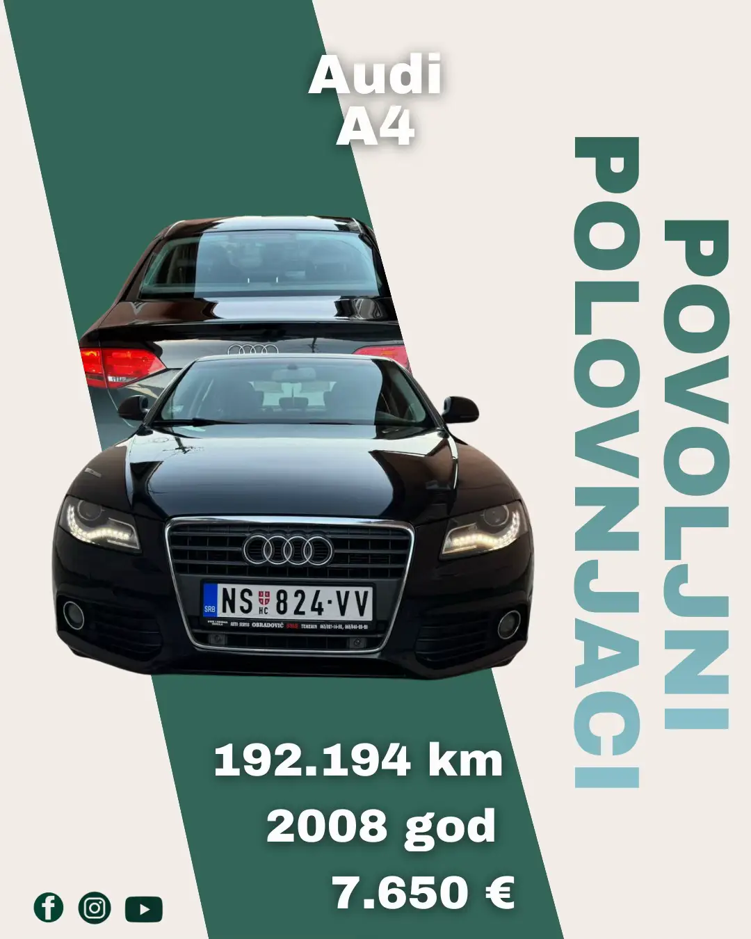 🚘 Audi A4 🗓 2008. godište 🛞 192.194 km ⛽ Dizel 💥 1968 cm³ 🐎 105/143 (kW/KS) 📅 Registrovan do: 02.2026. 📍 Temerin 💰 7.750 € ❌ Fiksna cena: NE ⭕ Zamena: NE Kontakt telefon: 0601530599 Opis: Audi A4 B8, mehanički perfektan. Odrđen veliki i mali servis pre 6.000 km. Postavljene nove Kleber all season gume R16 pre 3.000 km. Registrovan do 19.02.2026. Auto utegnut na trapu, ništa ne lupa i ne trese. Unutrašnjost maksimalno očuvana, sva dugmad funkcionišu. Ima sitne tragove gradske vožnje. Postoji manji problem sa bravom suvozačevih vrata — povremeno se ne otvore spolja. Central brake light povremeno gubi kontakt. Razlog prodaje je kupovina novijeg vozila. Srećna kupovina!