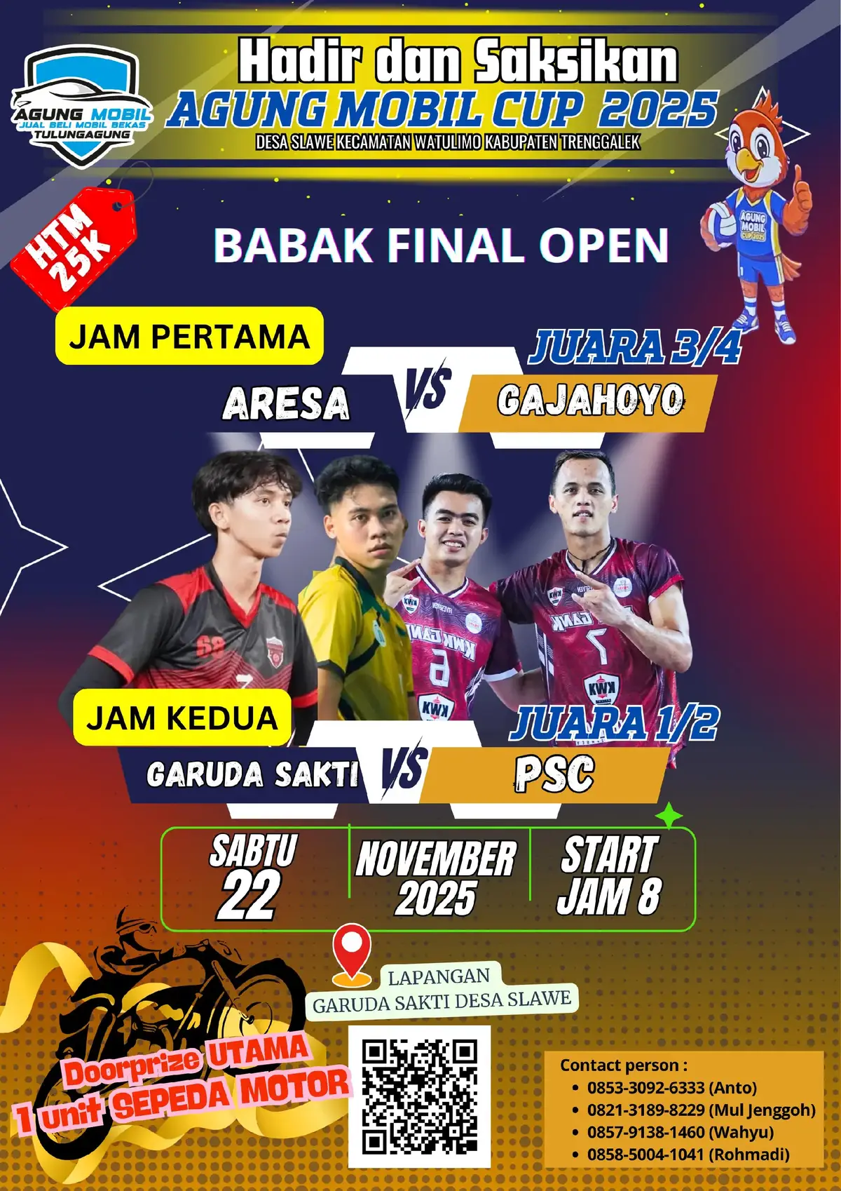 nanti malam jngan lupa ramaaikan final open di lapangan slawe kc watulimo ada doorprize buat penonton 1 unit motor dan jg ada kambing  masih banyak lainya#tarkamplatag #volleyball #doorprize #hiburan #agungmobil 