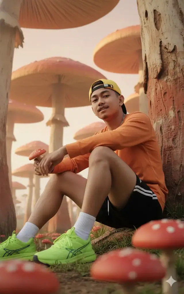 Foto close-up dari seorang pria muda Indonesia (referensi wajah terlampir) dengan warna kulit sawo matang, tubuh kurus tetapi bugar, berkaki jenjang, memakai topi snapback terbalik warna kuning, memakai baju lengan panjang warna orange, memakai celana hitam , memakai kaus kaki putih pendek, memakai sepatu running warna hijau neon, berpose berdiri, ekspresinya tersenyum (gigi terlihat sedikit) Melihat ke kamera, latar belakang jamur-jamur besar berwarna oranye menjulang tinggi dengan langit orange pudar. Pria tersebut berkalung rantai, memegang jamur warna orange. Tujuannya adalah menghasilkan gambar yang realistis dan sinematik yang menangkap perpaduan antara ketenangan, dan kemegahan alam. 