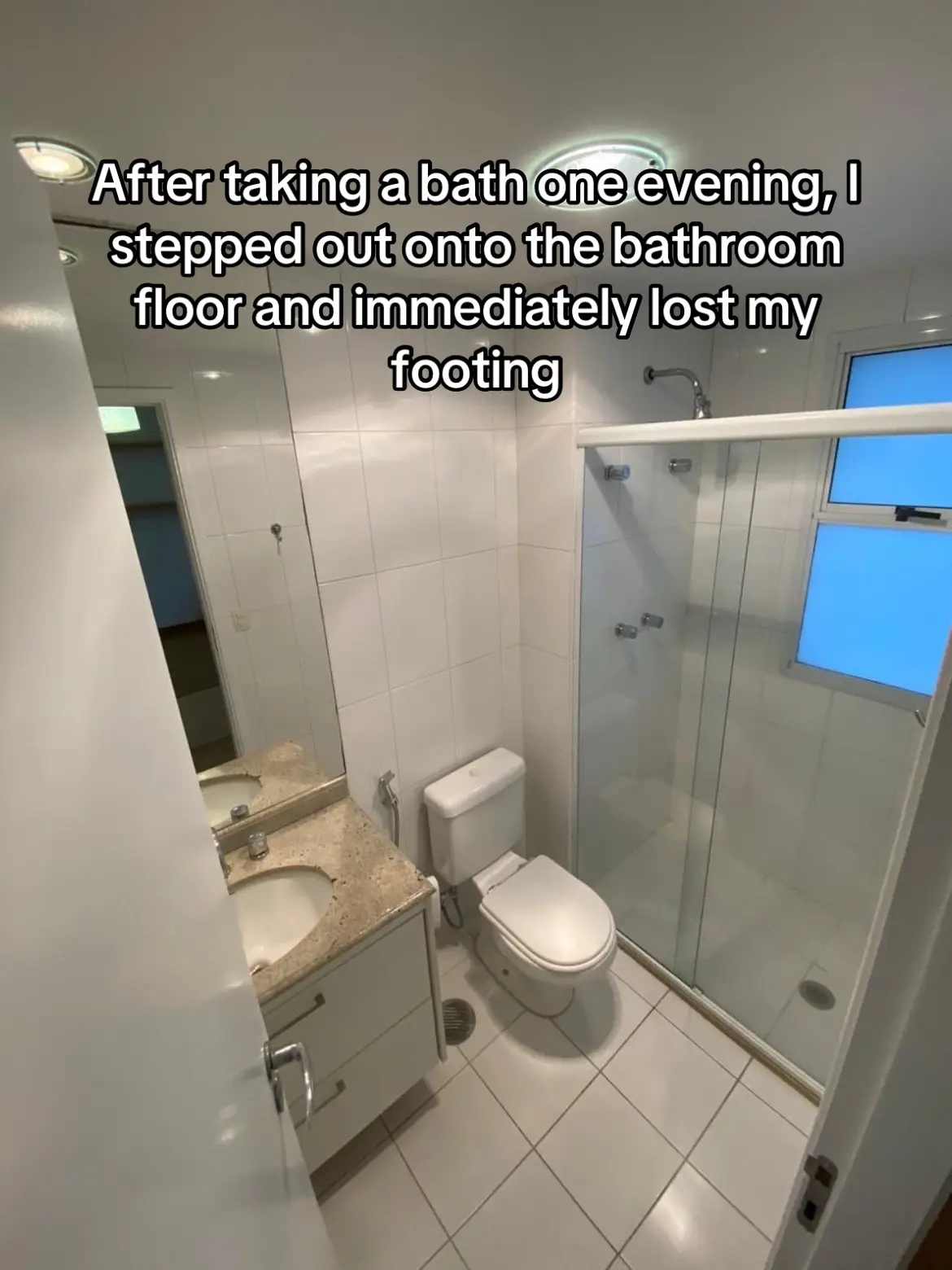 After taking a bath one evening, I stepped out onto the bathroom floor and immediately lost my footing. The tiles were still wet, and before I could steady myself, I slipped and slid across the floor #fyp #Home #homedecor #homeimprovement #homesafety 