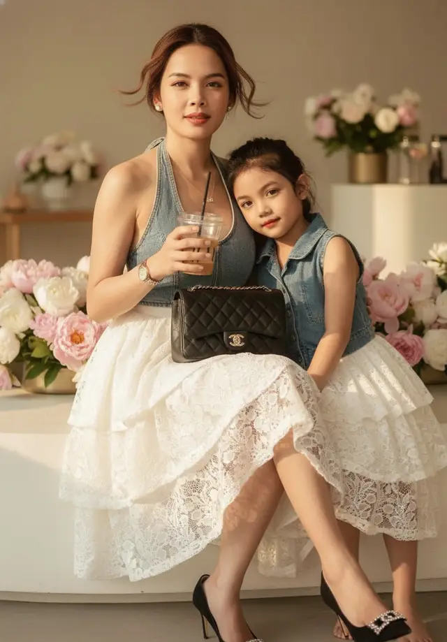 “8K wide-angle close-up portrait of a woman (face identical to reference image), illuminated by soft golden sunlight mixed with warm turquoise tones, cinematic and elegant. She has natural realistic skin with visible pores, fine brown hair blowing gently, slightly parted lips, expressive eyes. Wearing a faded denim halter top, white layered lace skirt with modern slanted hem, thin gold necklace, small gold pearl DC earrings, black medium Chanel bag, dark coffee suede heels with crystal details, wristwatch on left hand, holding a clear plastic coffee cup while blocking sunlight softly. Beside her, a little girl (around 6_7years old) with face and skin tone 100% identical to the attached image, wearing the same outfit, sitting close and leaning affectionately against her. Natural daylight, golden glow, soft highlights, minimalist café background with white and pink peony flowers, smooth creamy bokeh, hyperrealistic, fashion editorial style.”