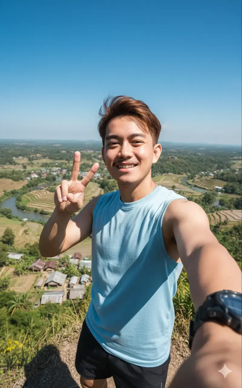 Foto selfie menangkap seorang pria Asia muda (referensi wajah dari foto terlampir) tersenyum lebar saat dia di atas tebing di atas pemandangan desa yang indah. Subjek: Pria berkulit cerah dengan rambut sedikit berantakan menutupi dahinya.  Dia mengenakan kaos tanpa lengan berwarna biru muda.  Dia memakai celana pendek hitam. Ekspresi wajahnya bahagia, bersemangat, dan percaya diri, sambil melihat langsung ke kamera. Tangan kanan Dia berpose peace. Tangan kiri nya memegang kamera, jam tangan di pergelangan terlihat. Dia berada di ketinggian, mungkin dari atas tebing. Di kejauhan, terlihat sawah, sungai, gubung, kebun, di bawah langit biru cerah tanpa awan yang mendominasi bagian atas gambar. Cahaya siang hari yang cerah dan langsung, menghasilkan bayangan yang jelas dan warna-warna yang jenuh. Gaya dan Atmosfer: Gaya foto: Fotografi petualangan/perjalanan, dengan fokus yang tajam pada subjek dan kedalaman bidang yang lembut pada latar belakang yang jauh. Atmosfer: Kegembiraan, petualangan, aktivitas luar ruangan yang berani, dan hari yang cerah. 