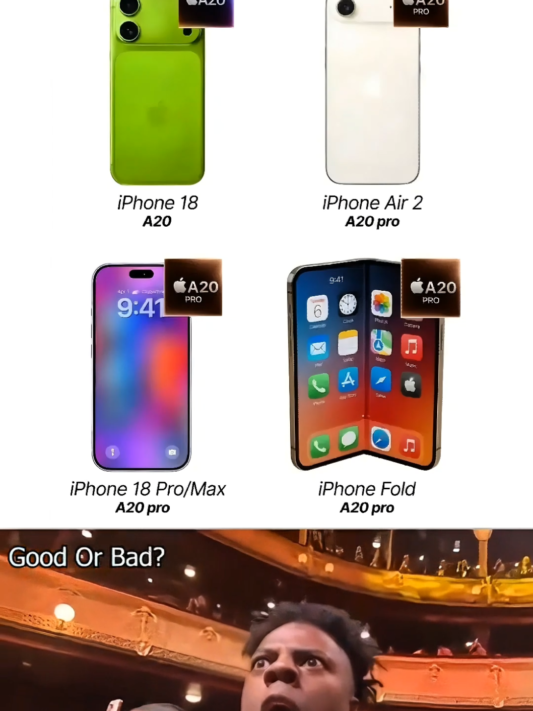 Apple A20 Chip Series for iPhone 18 Lineup 🚀🍏 This short video shows Apple’s new A20 chip series for next year’s iPhones 🍏⚡. The lineup includes iPhone 18, iPhone Air 2, iPhone 18 Pro/Max, and the first-ever iPhone Fold 📱✨. All models come with the powerful A20 or A20 Pro chip, giving better speed, performance, and battery life 🚀🔋. Watch the full video and tell us which iPhone you like the most! 🤔🔥 If you enjoyed the video, show some love by liking, commenting, and sharing it with your fellow tech lovers! Got a question or suggestion? Drop it in the comments — we love hearing from you and are always here to help. Stay updated with the latest in tech — hit that Subscribe button and be part of the Smart Pick family! 📧 For business inquiries, contact us at: info.smartpickyt@gmail.com Hashtags: #iPhone17ProMax #iPhoneColors #SmartPick #iPhone17Pro #AppleiPhone About Smart Pick: Your go-to spot for smart tech picks! We bring you the latest updates, reviews, and helpful tips — all in one place. New videos coming your way regularly — stay tuned!  🍏🚀  🔥  📱  ⚡  📘  🔍  📰  📲  💡  ❤️