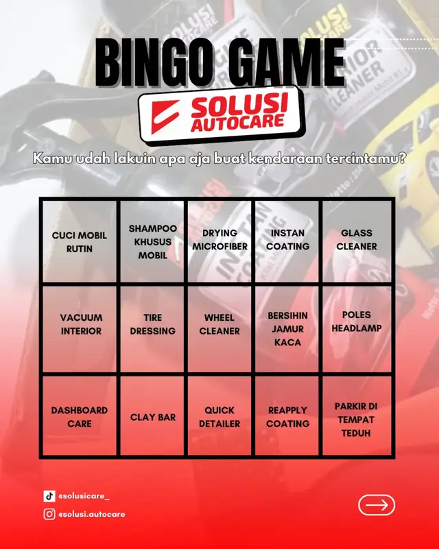 Siapa yang bisa dapetin satu garis Bingo penuh? 🏆 Yuk, tingkatkan perawatan mobilmu agar selalu dalam kondisi terbaik! ✨#pengkilapmobil #SolusiAutoCare #fyp #viral #perawatanmobil 